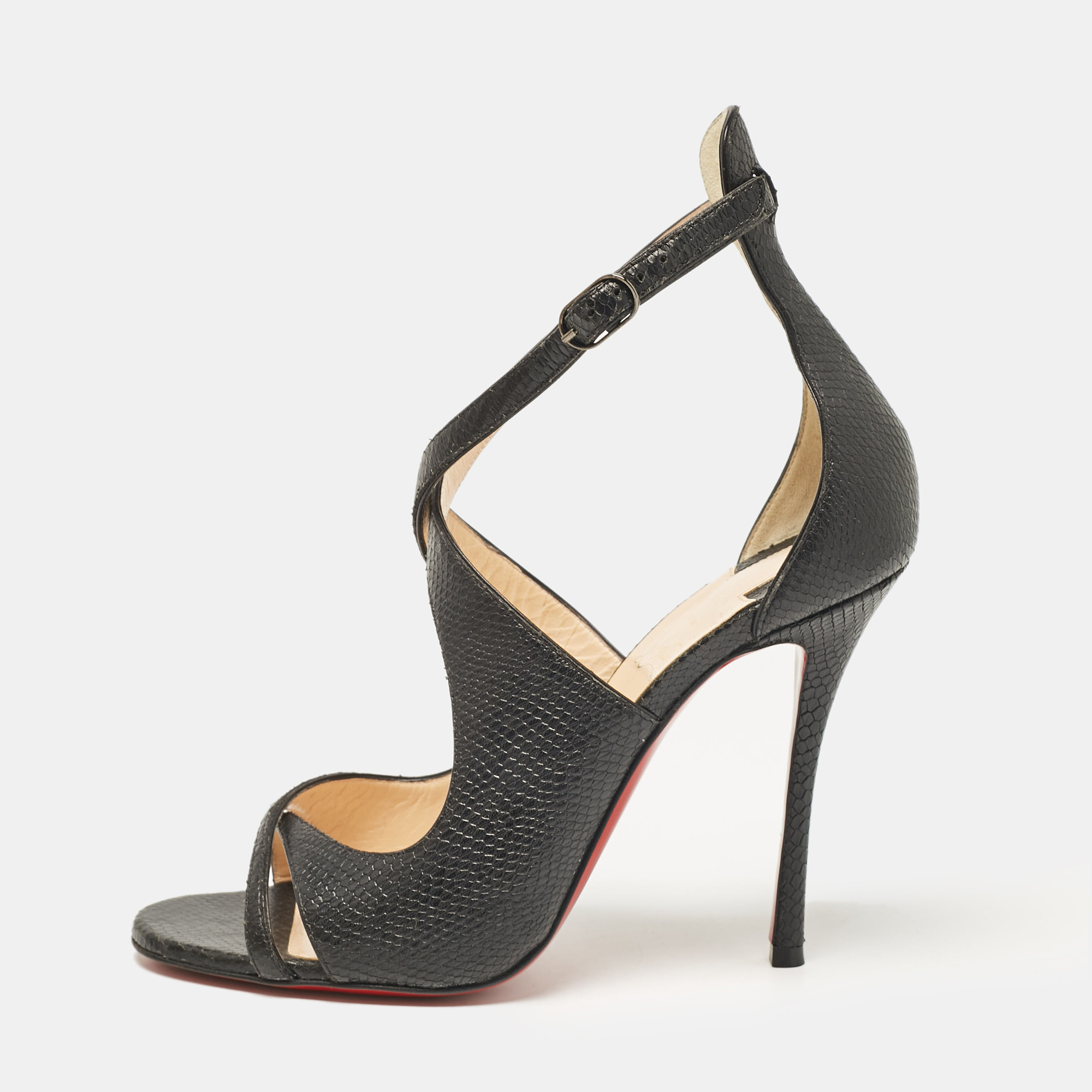 

Christian Louboutin Black Lizard Embossed Leather Malefissima Sandals Size