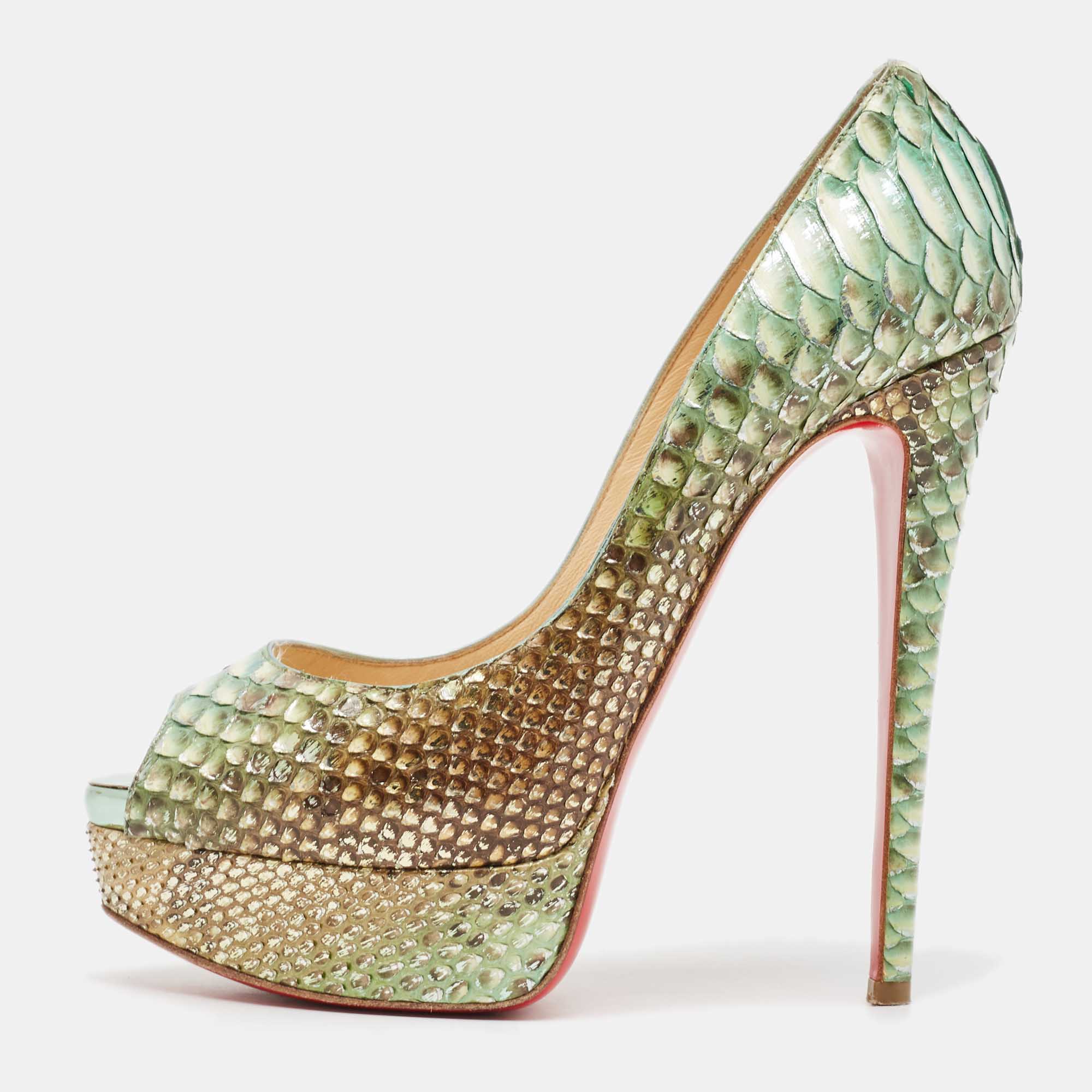 

Christian Louboutin Two Tone Python Lady Peep Pumps Size, Green