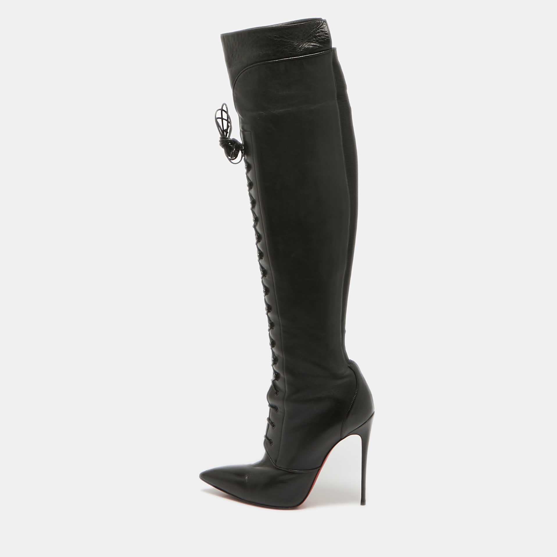 

Christian Louboutin Black Leather Lace Up Over The knee Length Boots Size