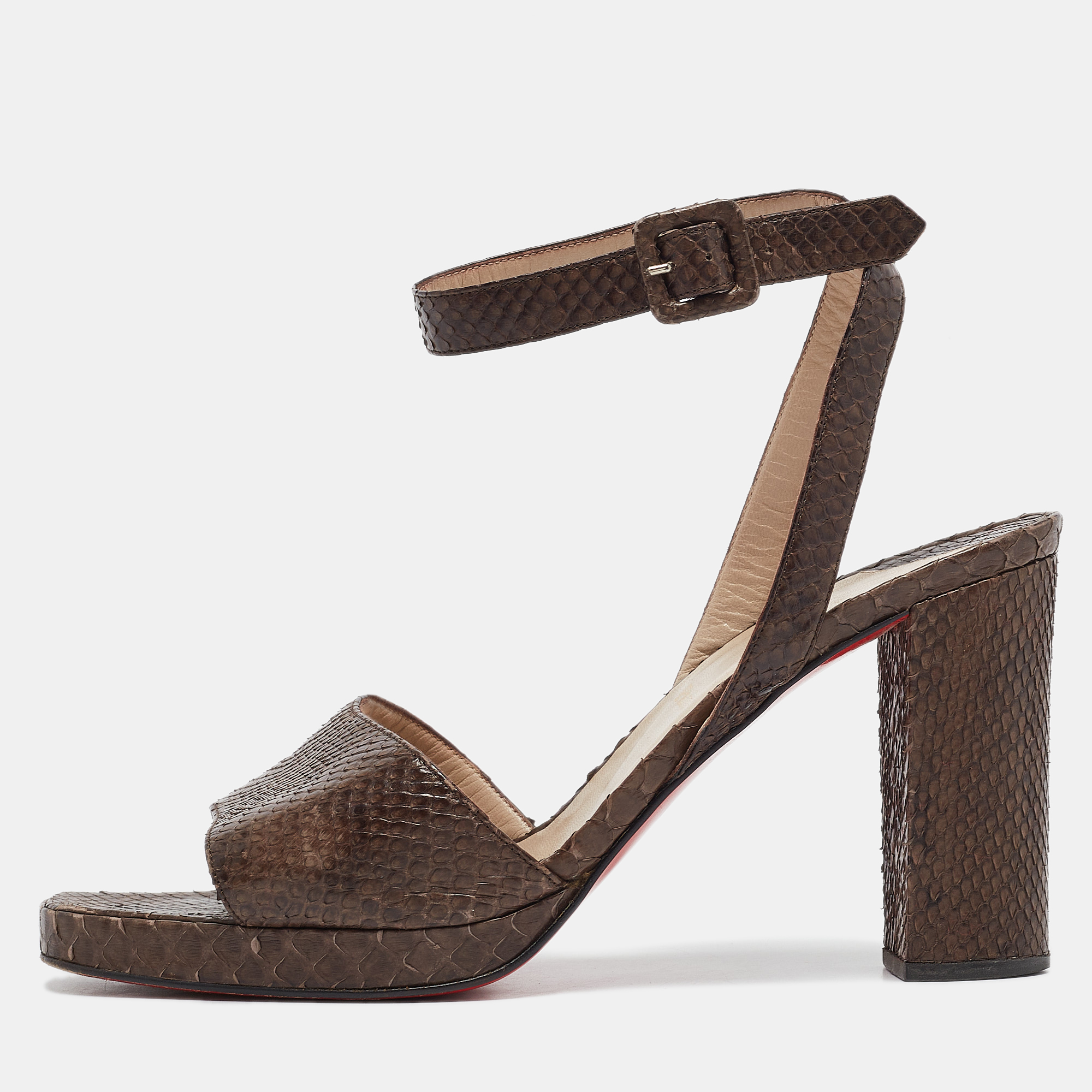 

Christian Louboutin Brown Snakeskin Platform Ankle Strap Sandals Size