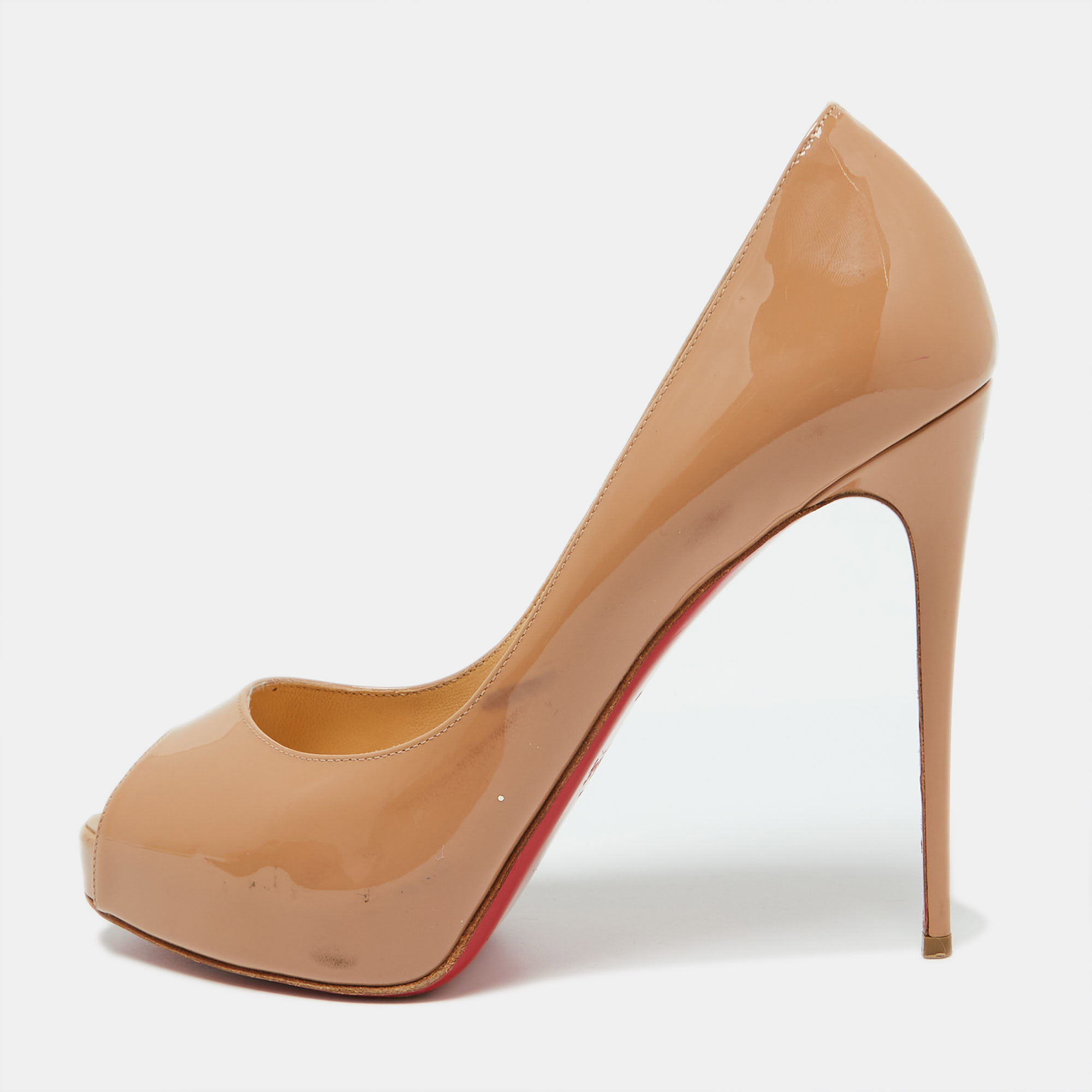 

Christian Louboutin Beige Patent Leather Lady Peep Peep Toe Pumps Size