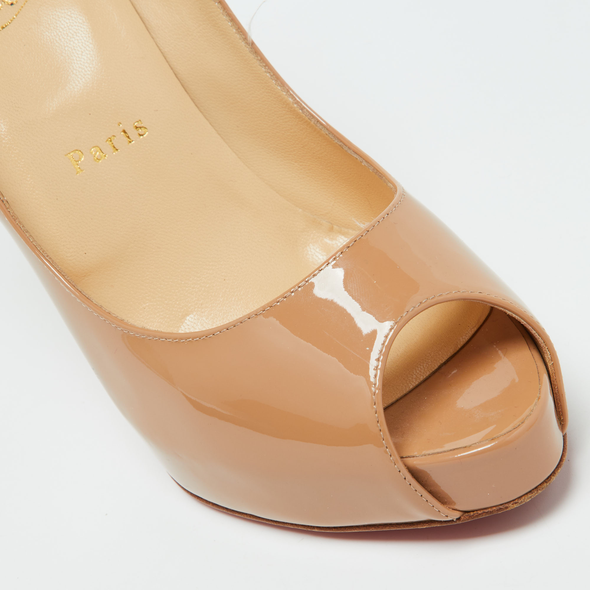 Christian Louboutin Beige Patent Leather Lady Peep Peep Toe Pumps Size 39.5 