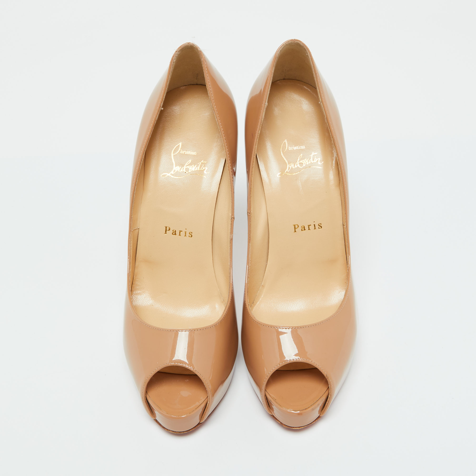 Christian Louboutin Beige Patent Leather Lady Peep Peep Toe Pumps Size 39.5 