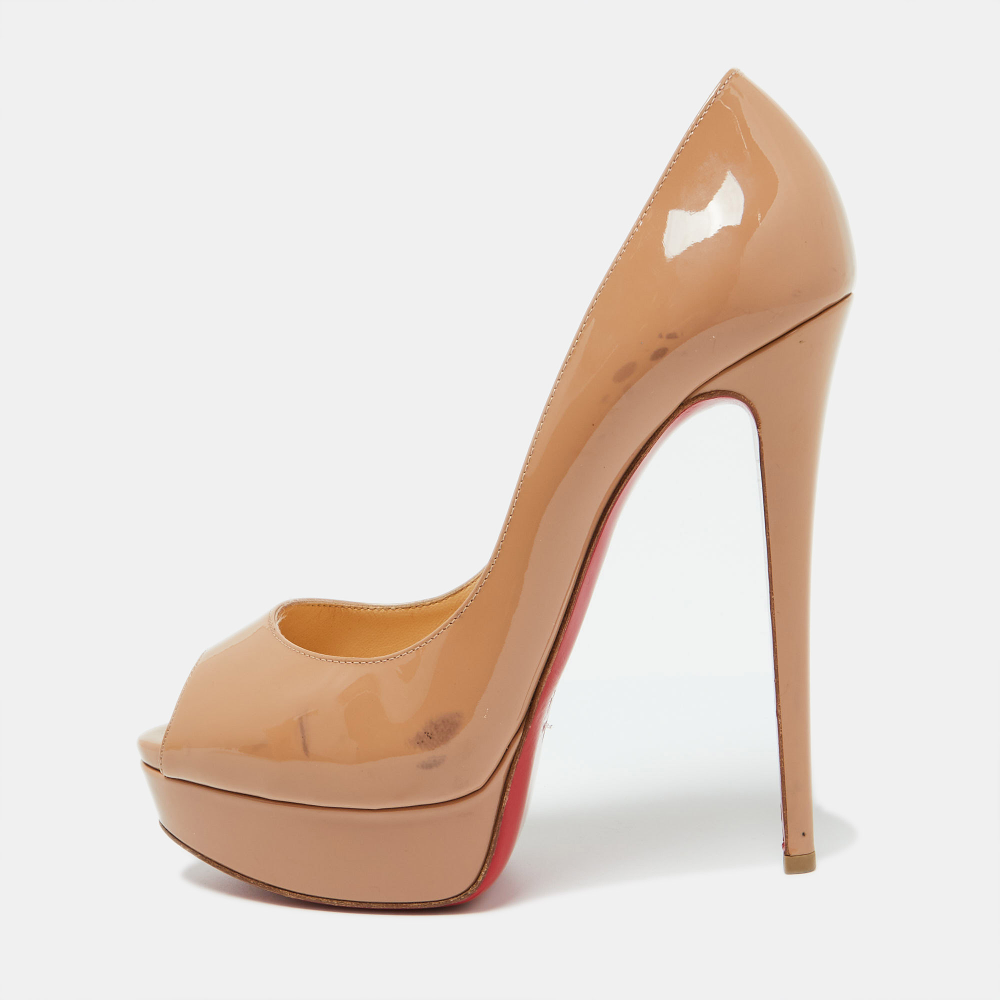 

Christian Louboutin Beige Patent Leather Lady Peep Peep Toe Platform Pumps Size