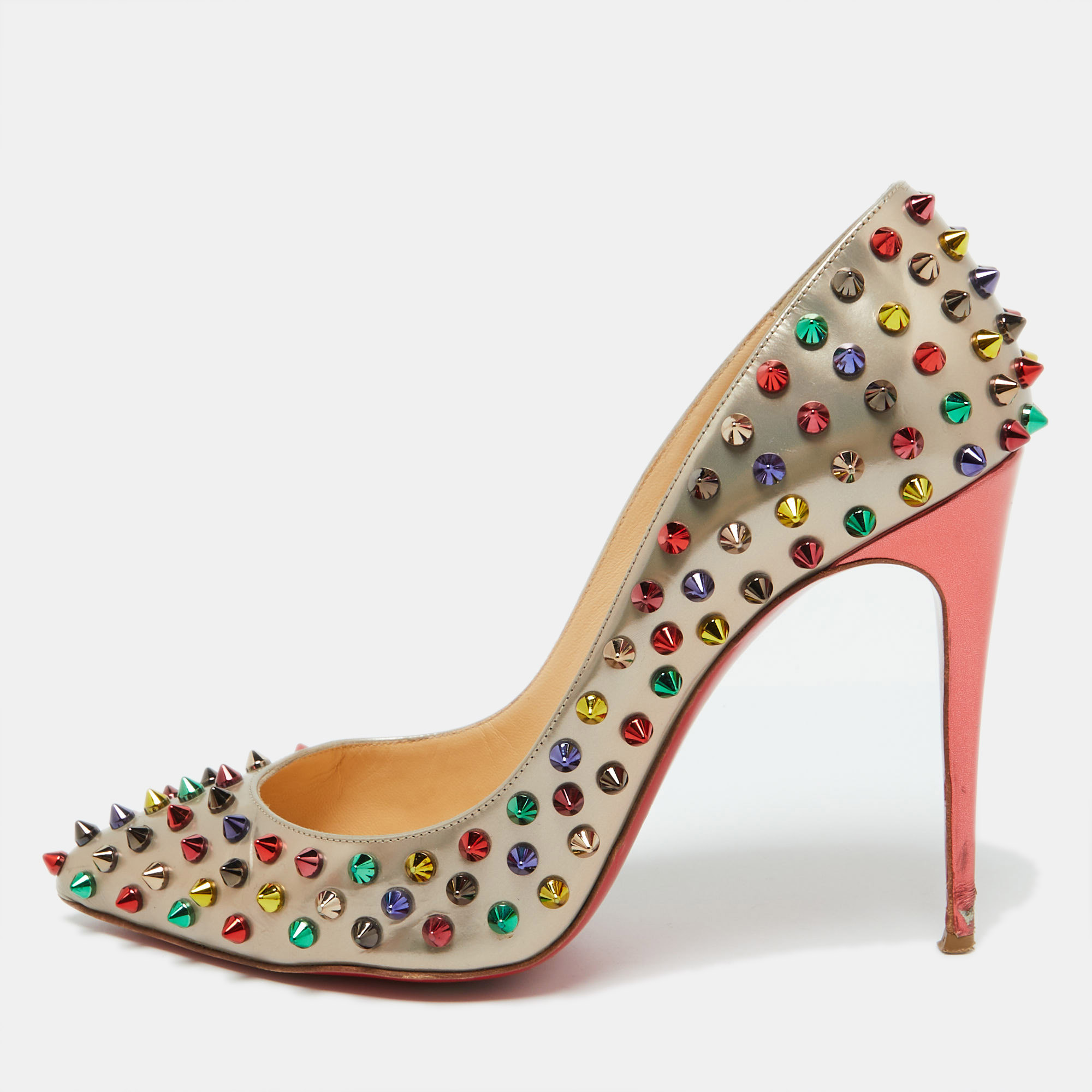 

Christian Louboutin Metallic Beige Leather Pigalle Spikes Pointed Toe Pumps Size