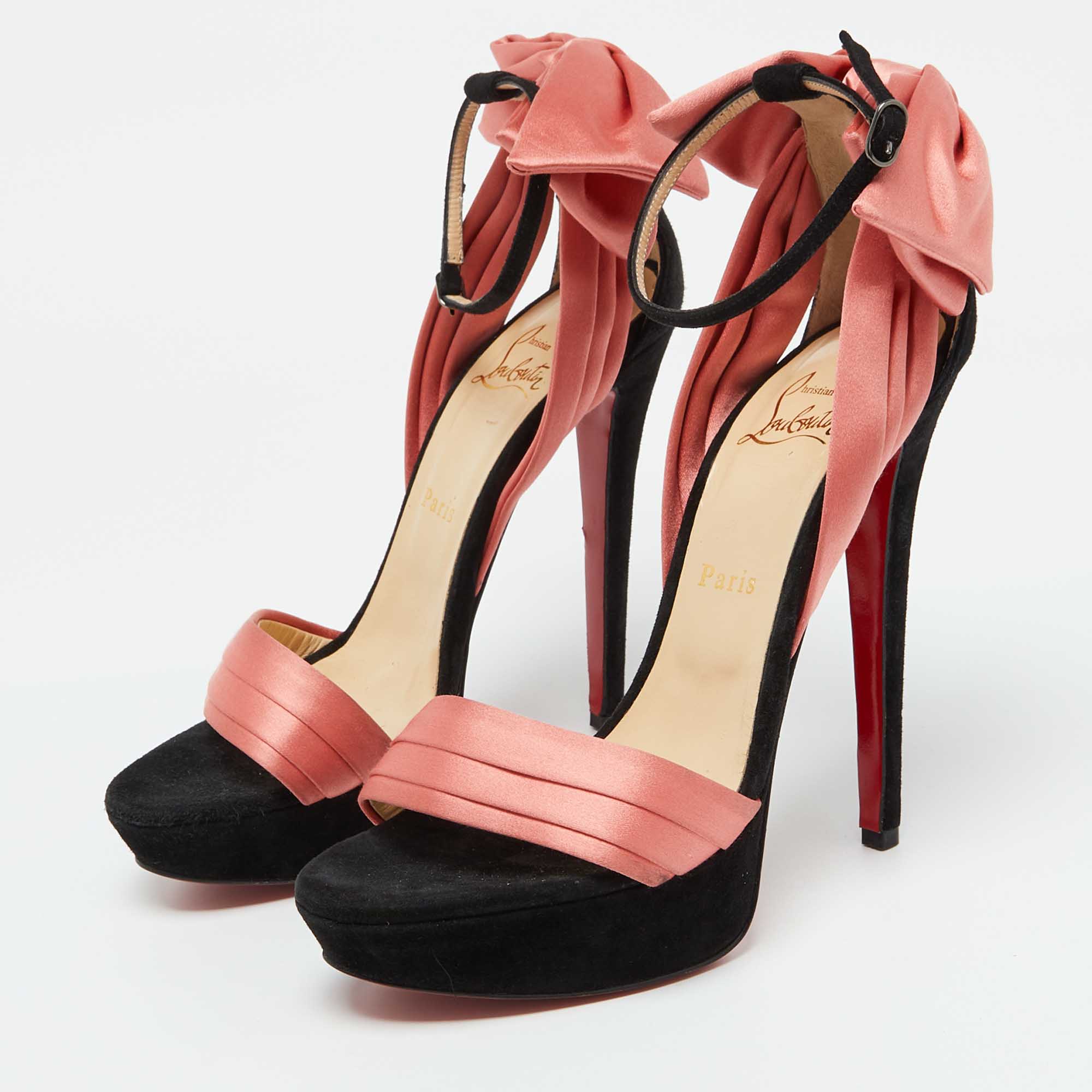Christian Louboutin Coral/Black Satin and Suede Bow Vampanodo Sandals Size 38.5 