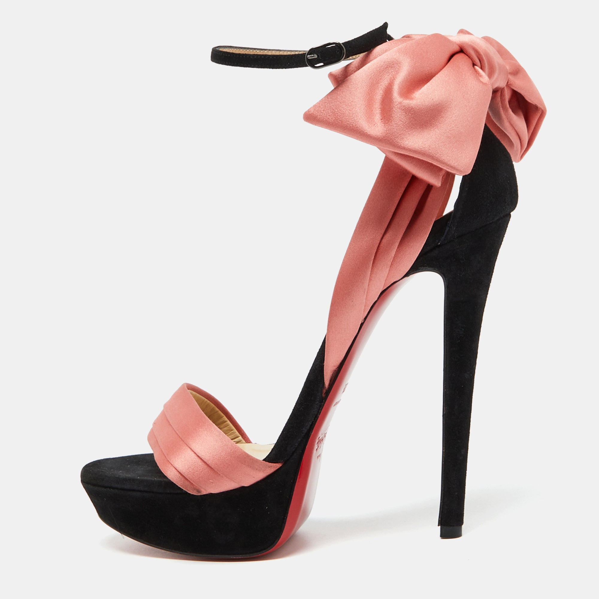 

Christian Louboutin Coral/Black Satin and Suede Bow Vampanodo Sandals Size, Pink