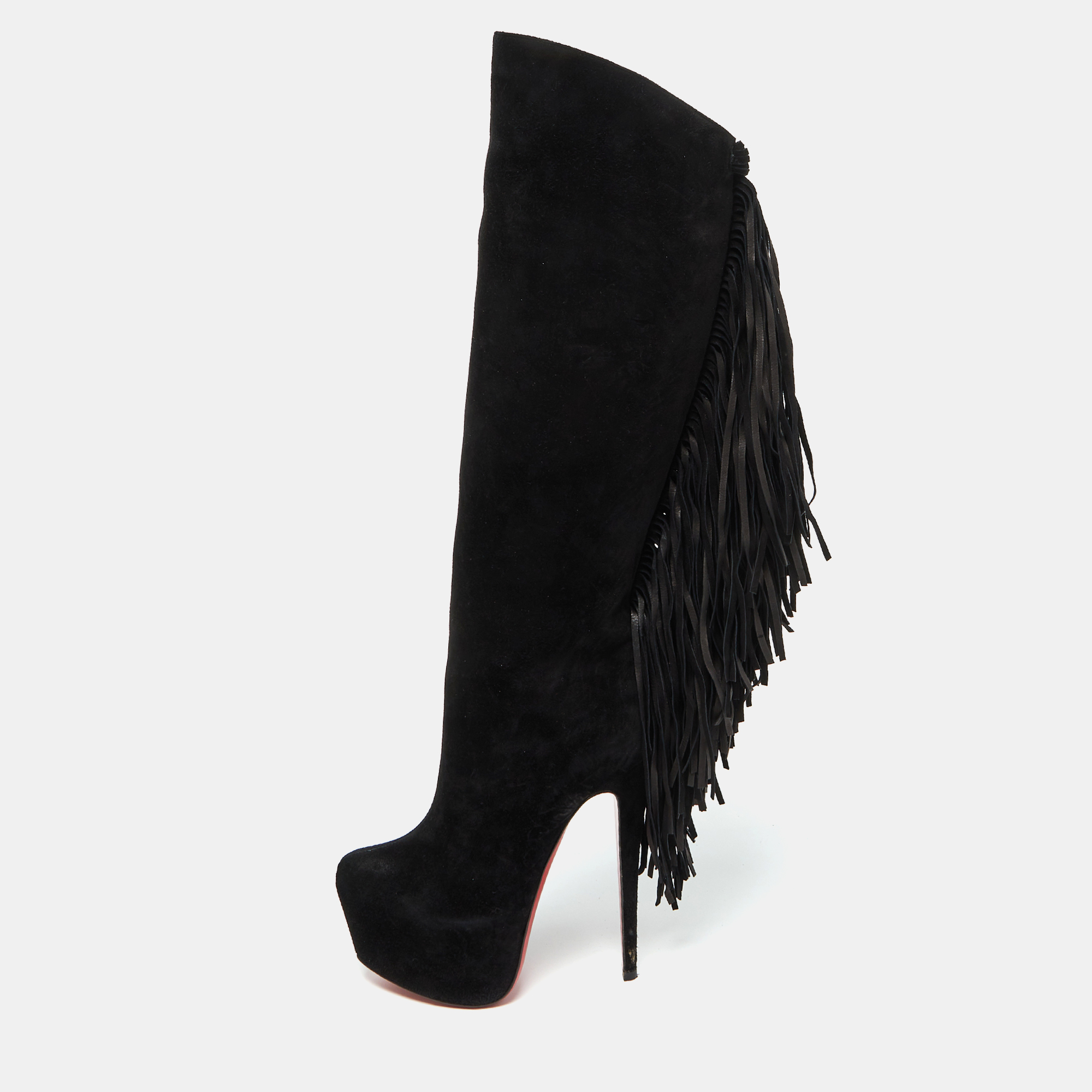 

Christian Louboutin Black Suede Interlopa Fringe Detail Knee Length Platform Boots Size