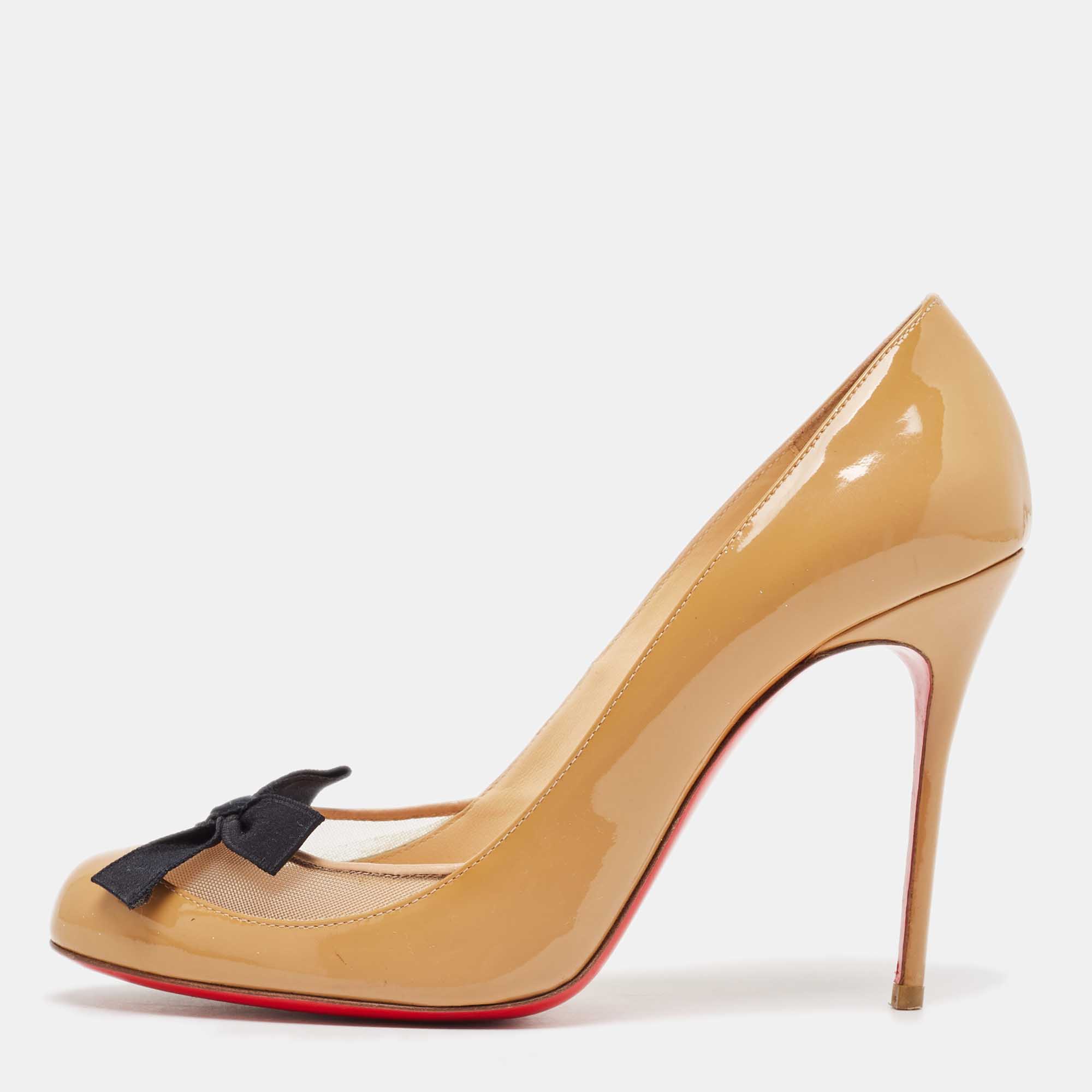 

Christian Louboutin Beige Patent Leather and Mesh Bow Pumps Size