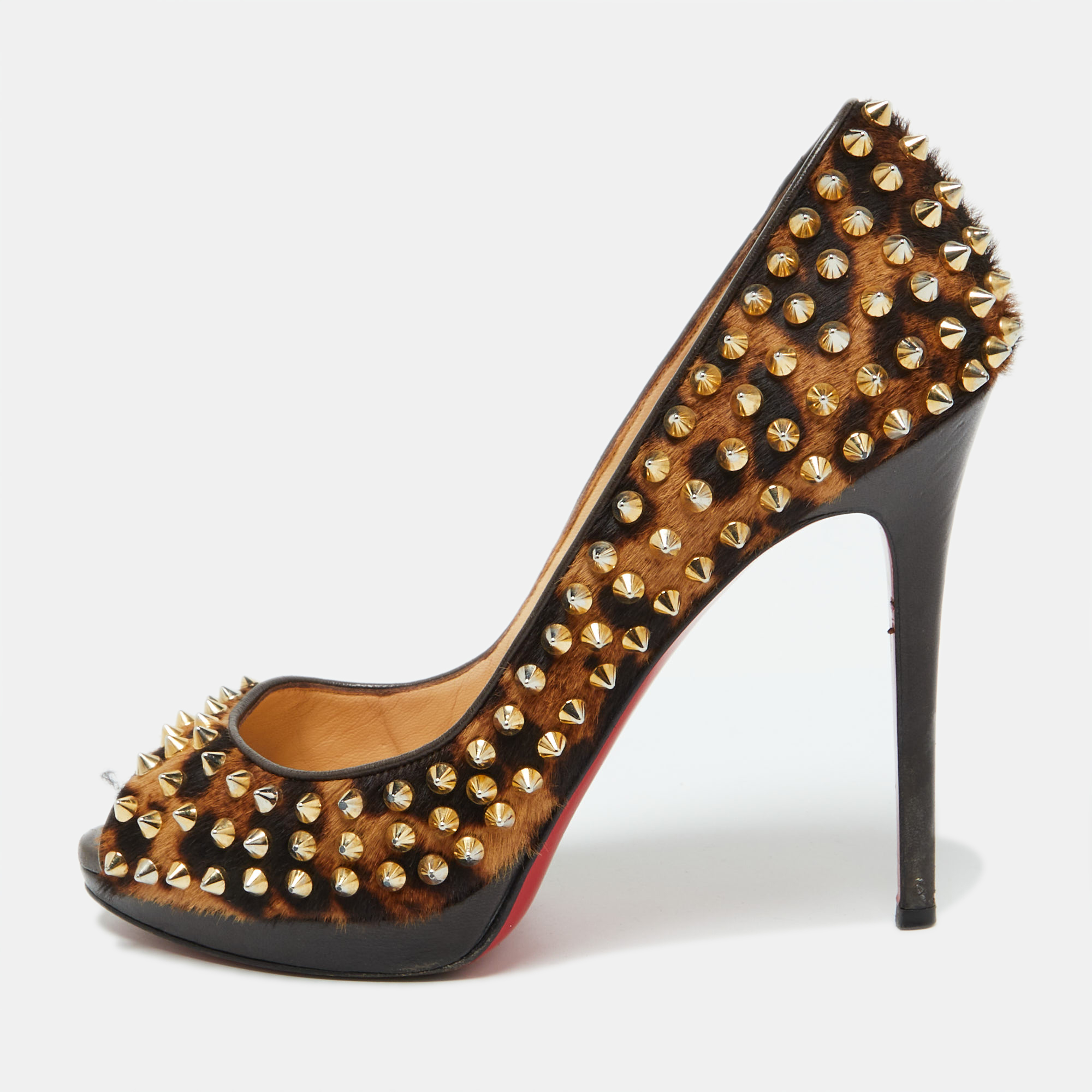 

Christian Louboutin Leopard Print Calf Hair Yolanda Spikes Peep Toe Pumps Size, Brown