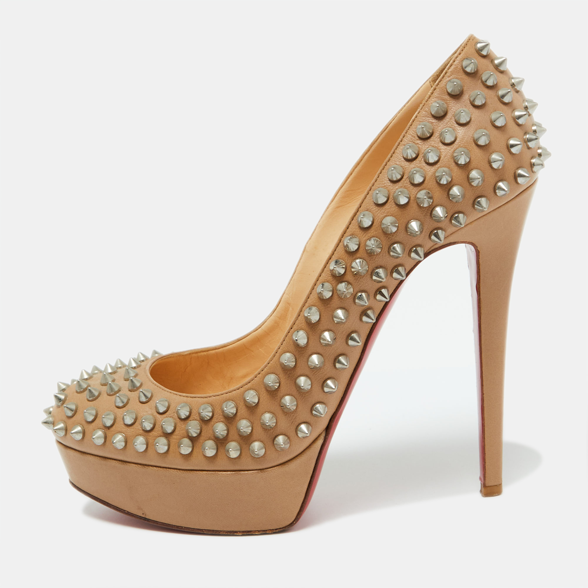 

Christian Louboutin Beige Leather Bianca Spikes Platform Pumps Size