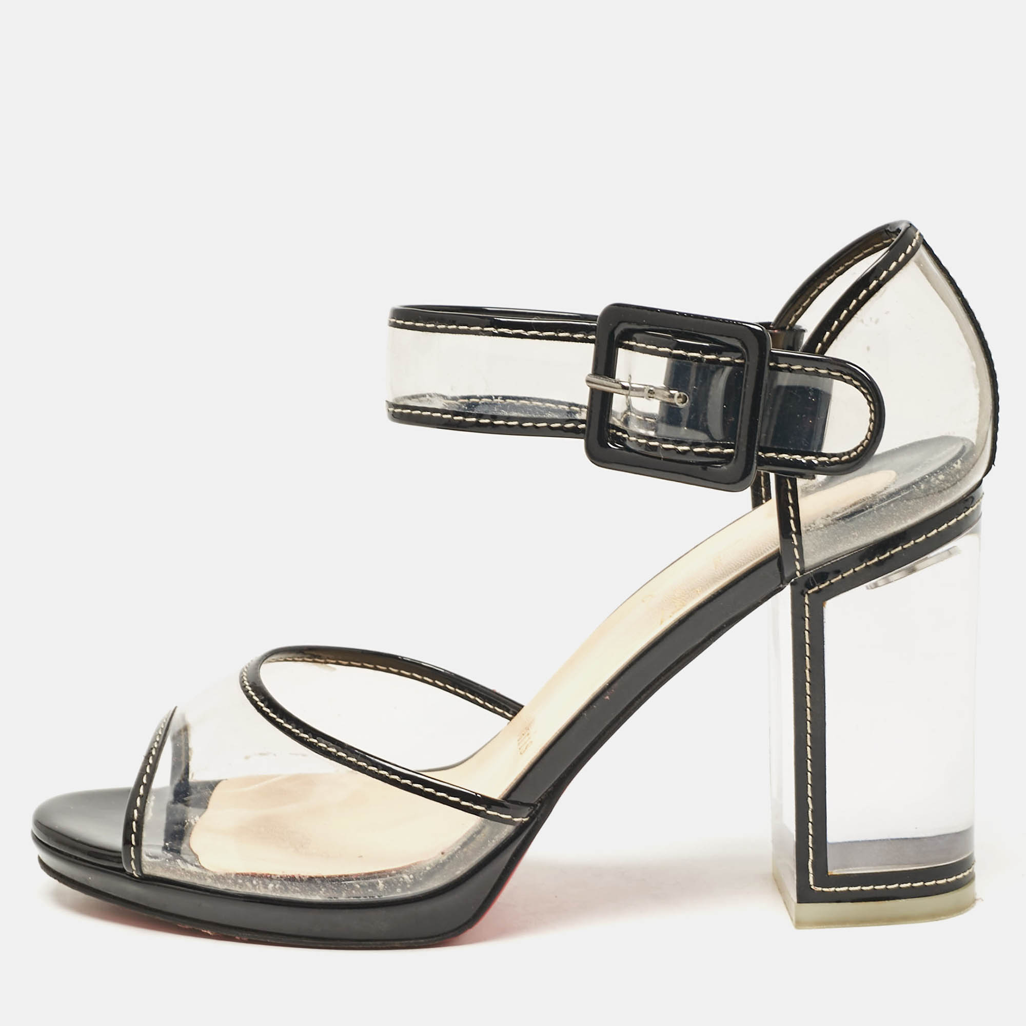 

Christian Louboutin Transparent/Black PVC and Patent Leather Barbaclara Sandals Size