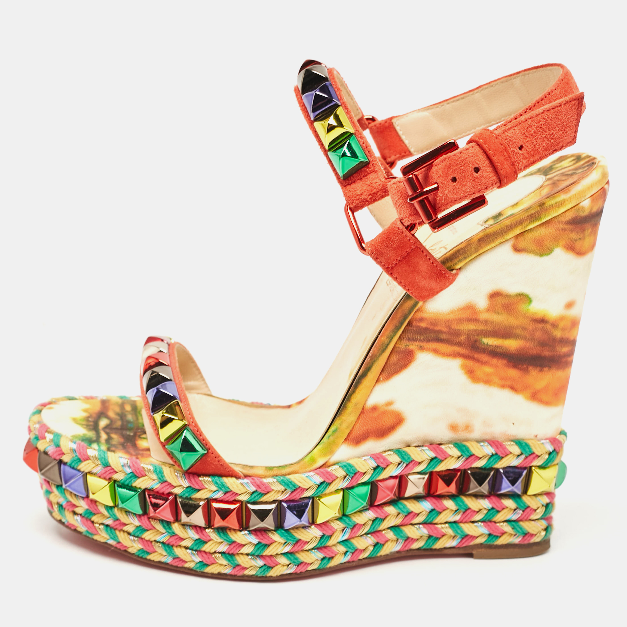 

Christian Louboutin Multicolor Suede Cataclou Wedge Sandals Size