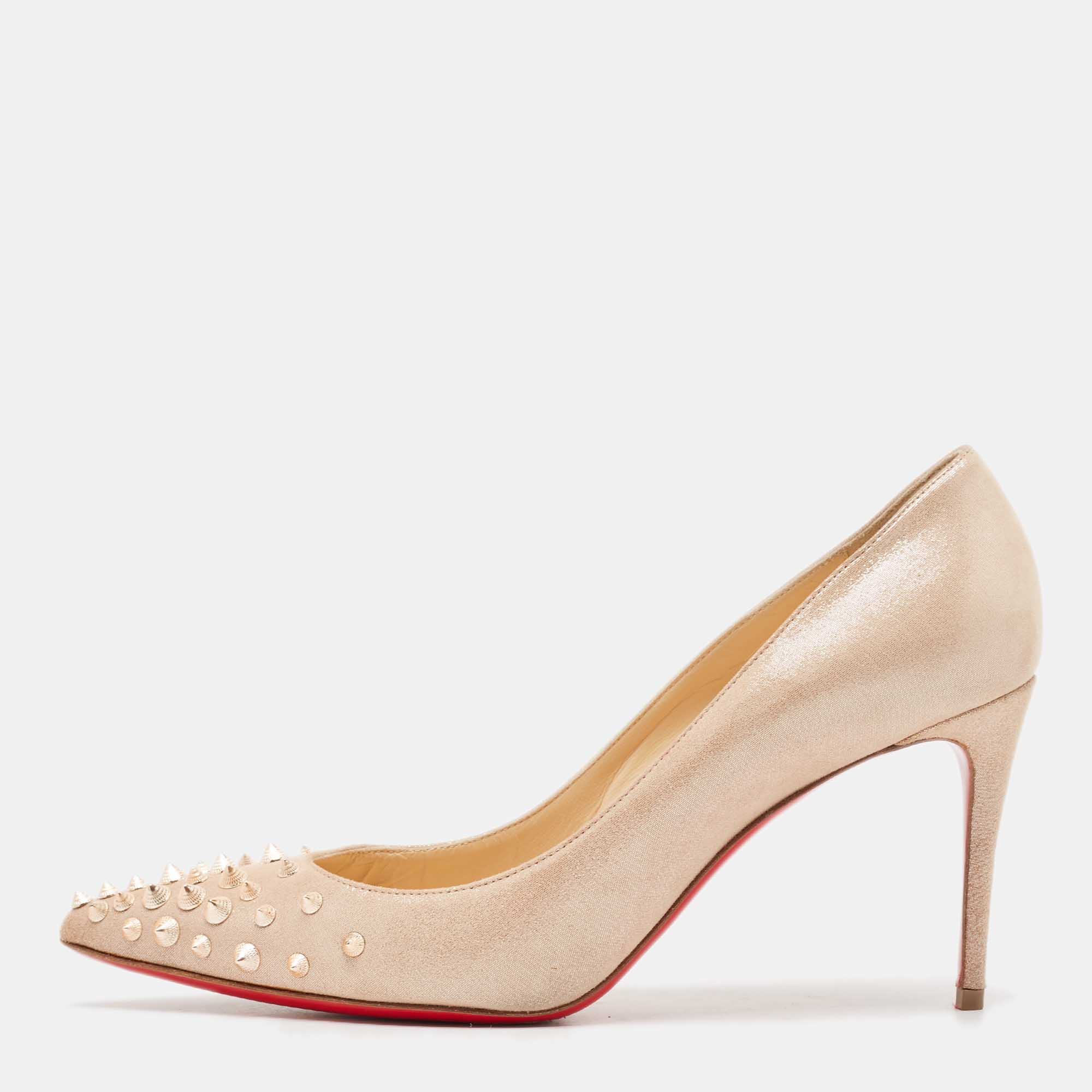 

Christian Louboutin Metallic Beige Suede Spiky Shell Pumps Size