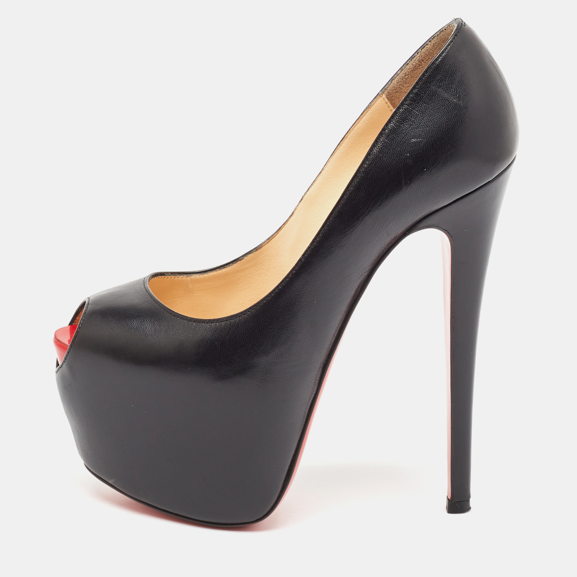 

Christian Louboutin Black Leather Highness Peep Toe Pumps Size