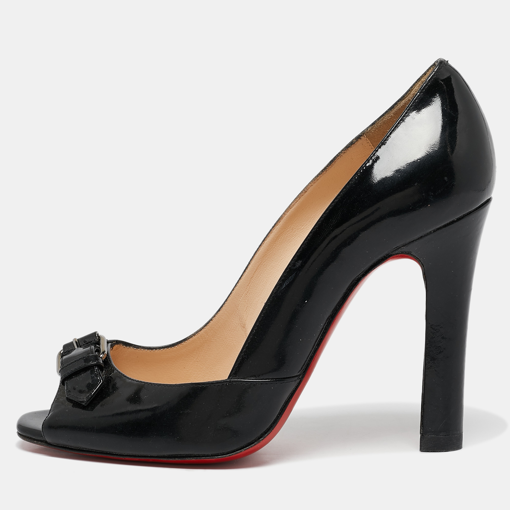 

Christian Louboutin Black Patent Leather Buckle Detail Peep Toe Pumps Size