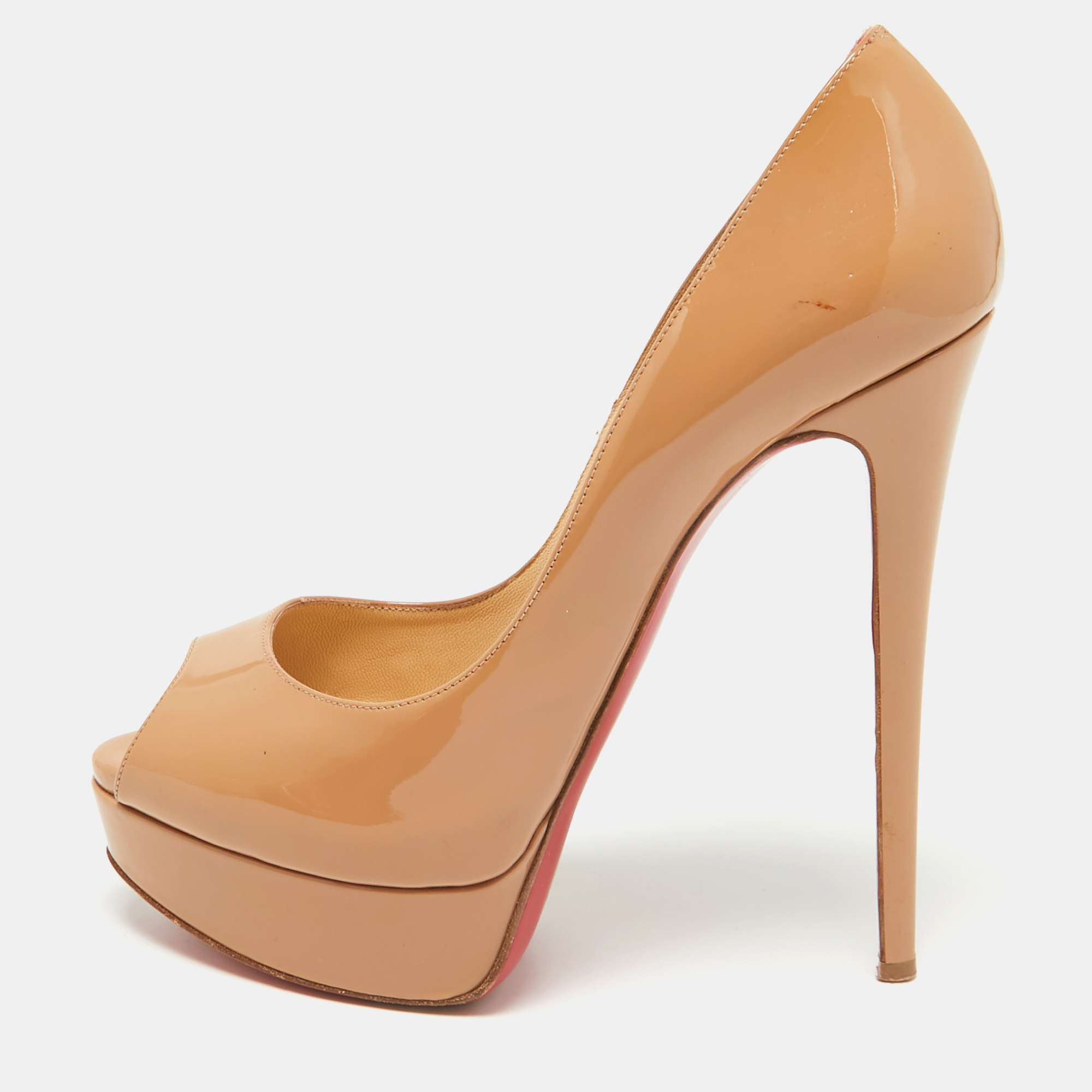 

Christian Louboutin Beige Patent Lady Peep Peep Toe Pumps Size