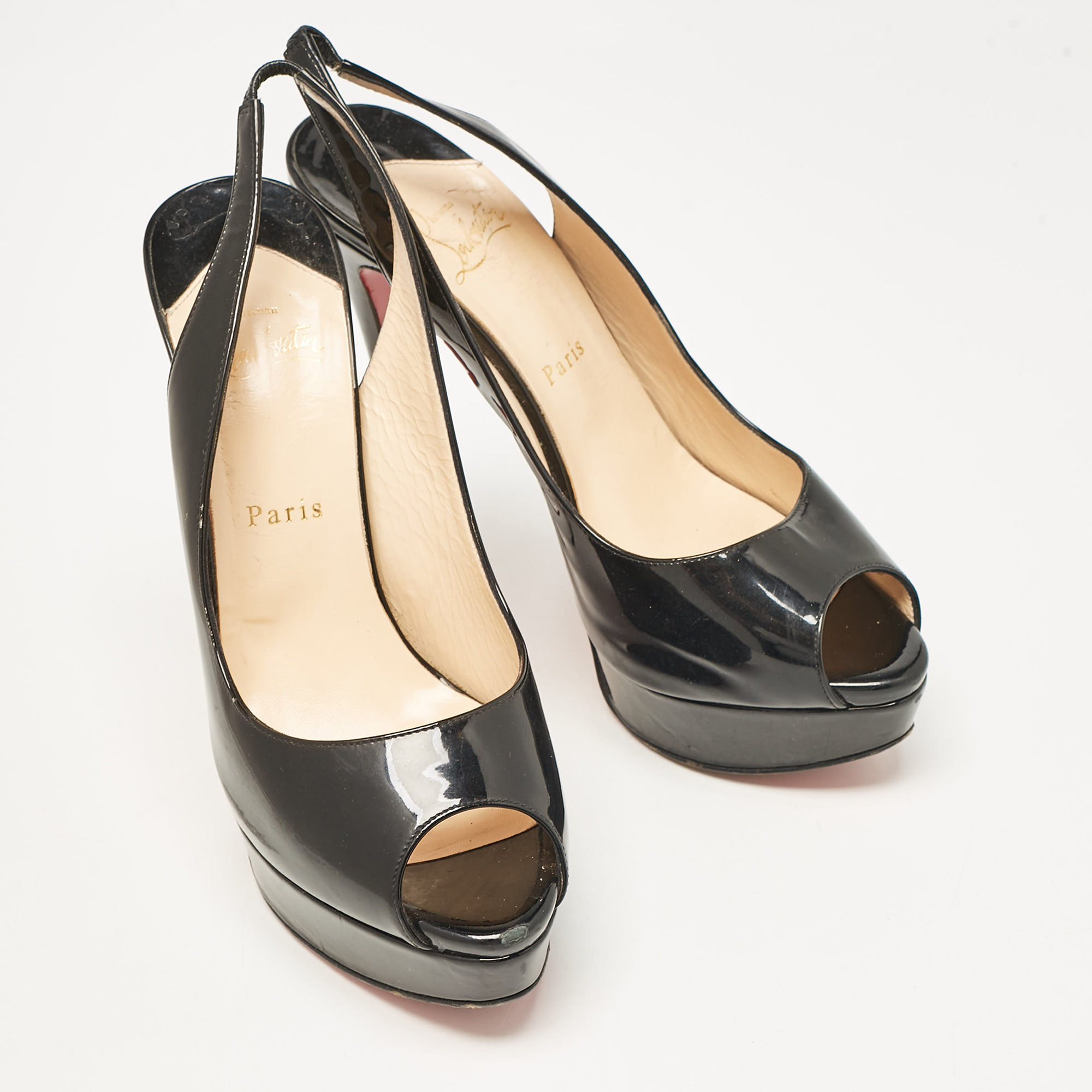 Christian Louboutin Black Patent Leather Lady Peep Slingback Pumps Size 40 