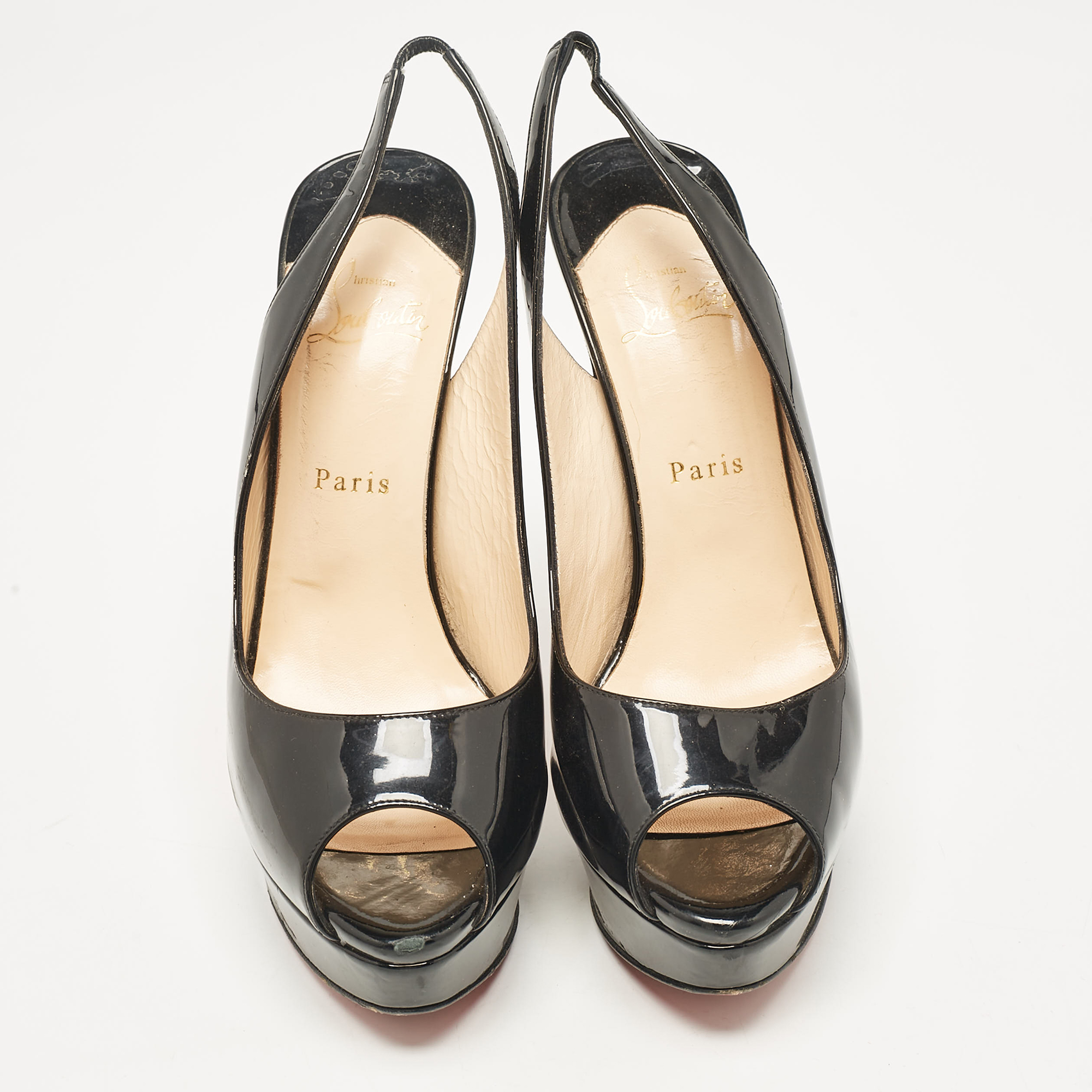Christian Louboutin Black Patent Leather Lady Peep Slingback Pumps Size 40 