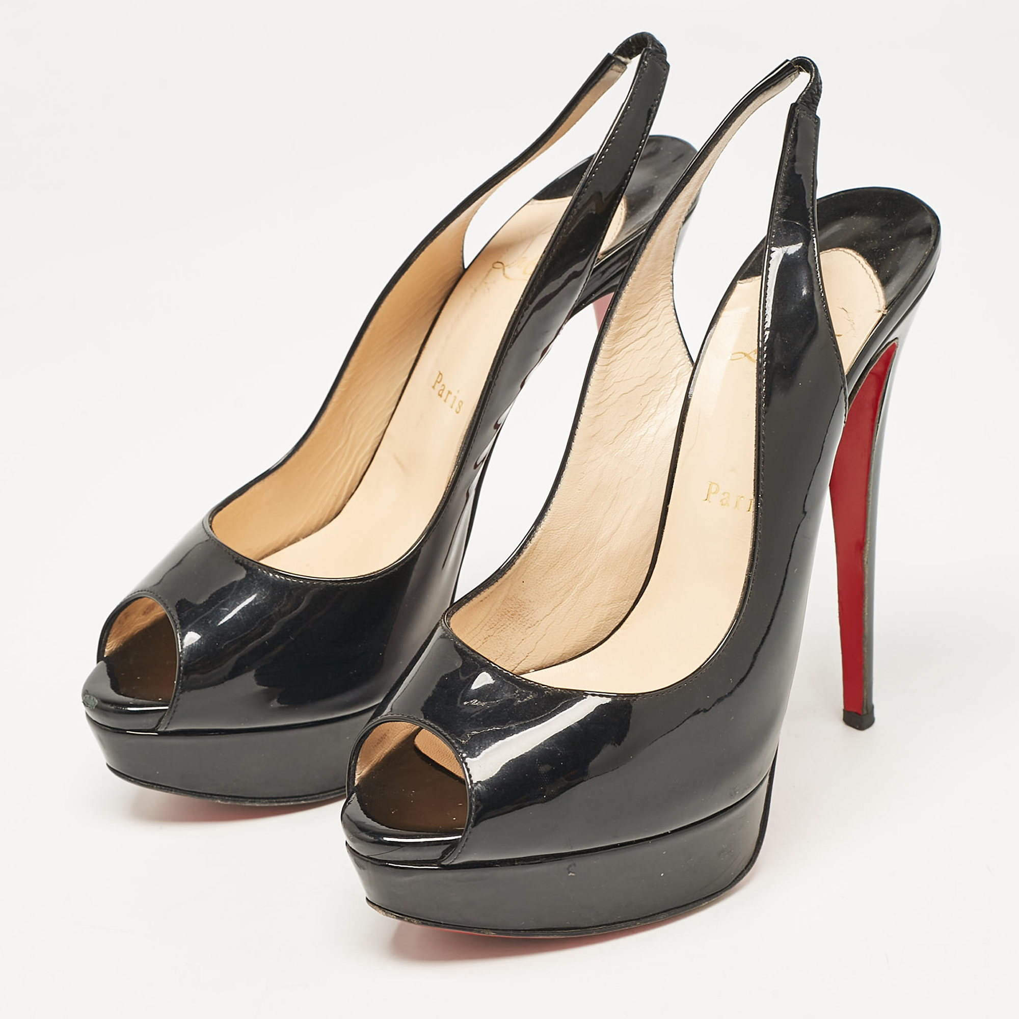 Christian Louboutin Black Patent Leather Lady Peep Slingback Pumps Size 40 