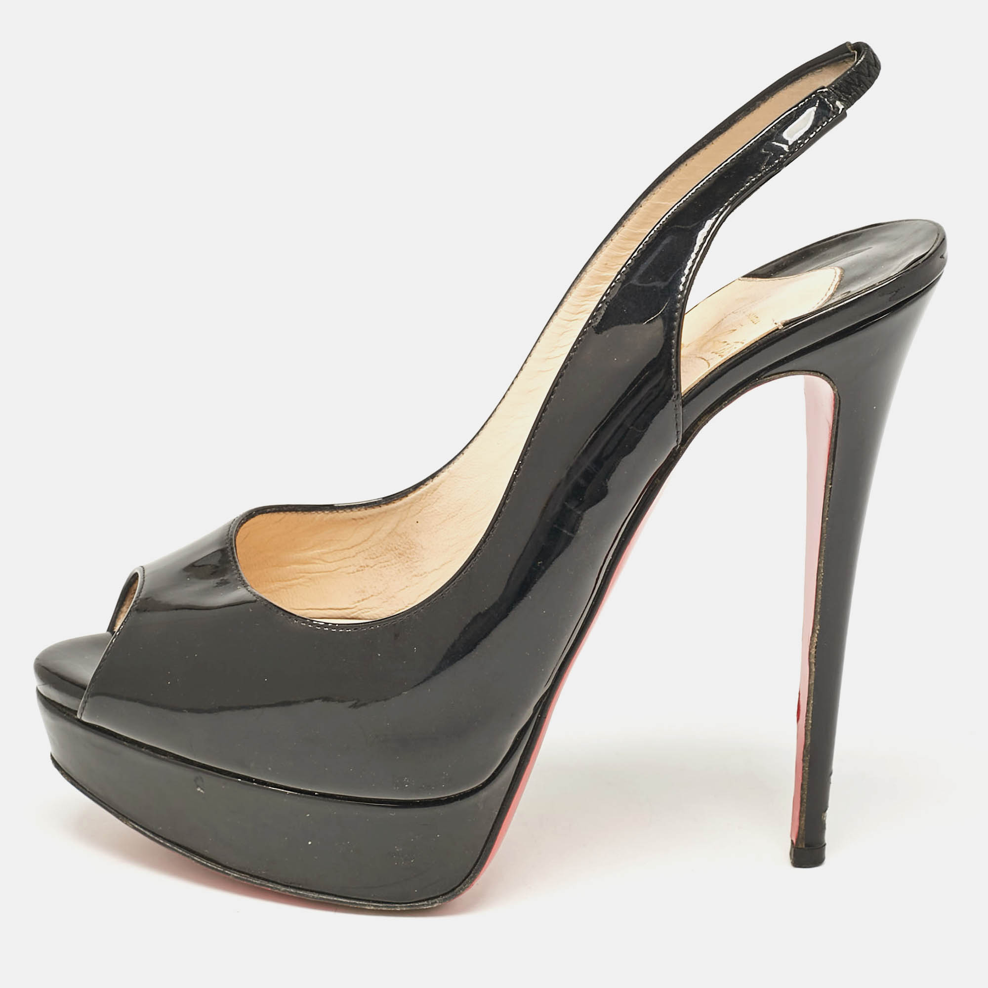 

Christian Louboutin Black Patent Leather Lady Peep Slingback Pumps Size