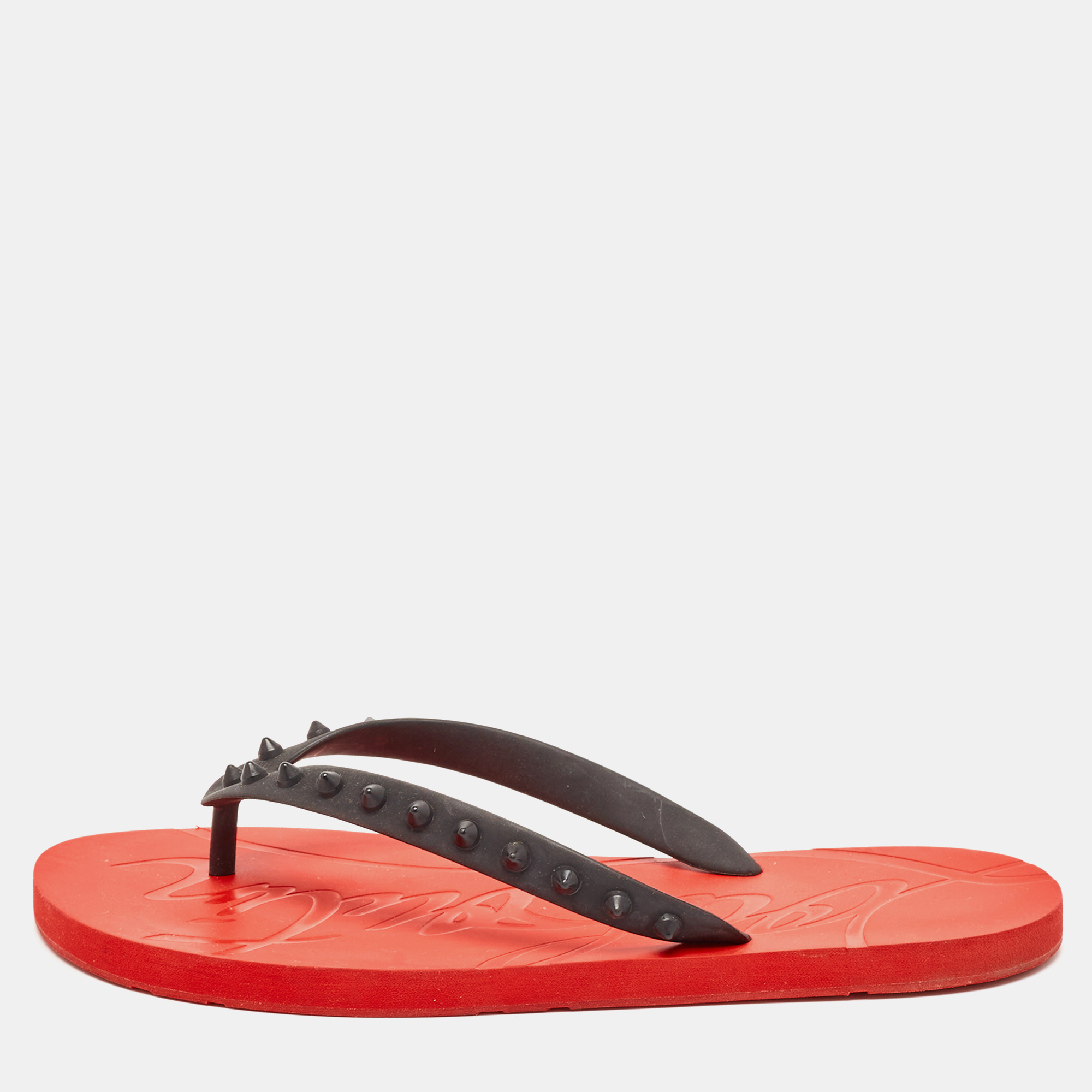 

Christian Louboutin Black/Red Rubber Loubi Flip Thong Flat Slides Size