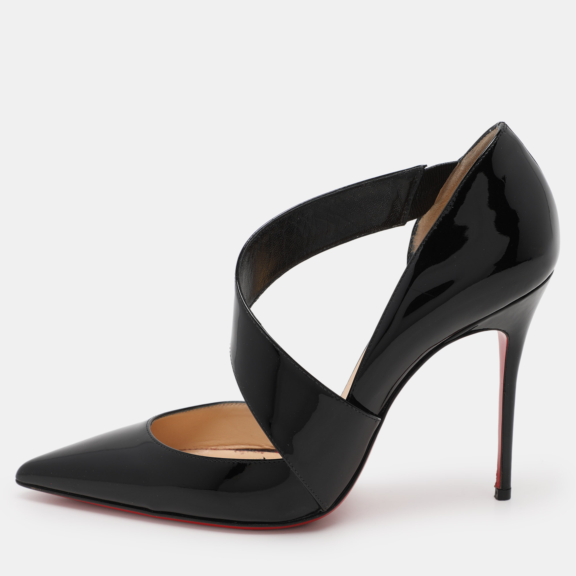 

Christian Louboutin Black Patent Leather Opgrade Cross Strap Pumps Size 38