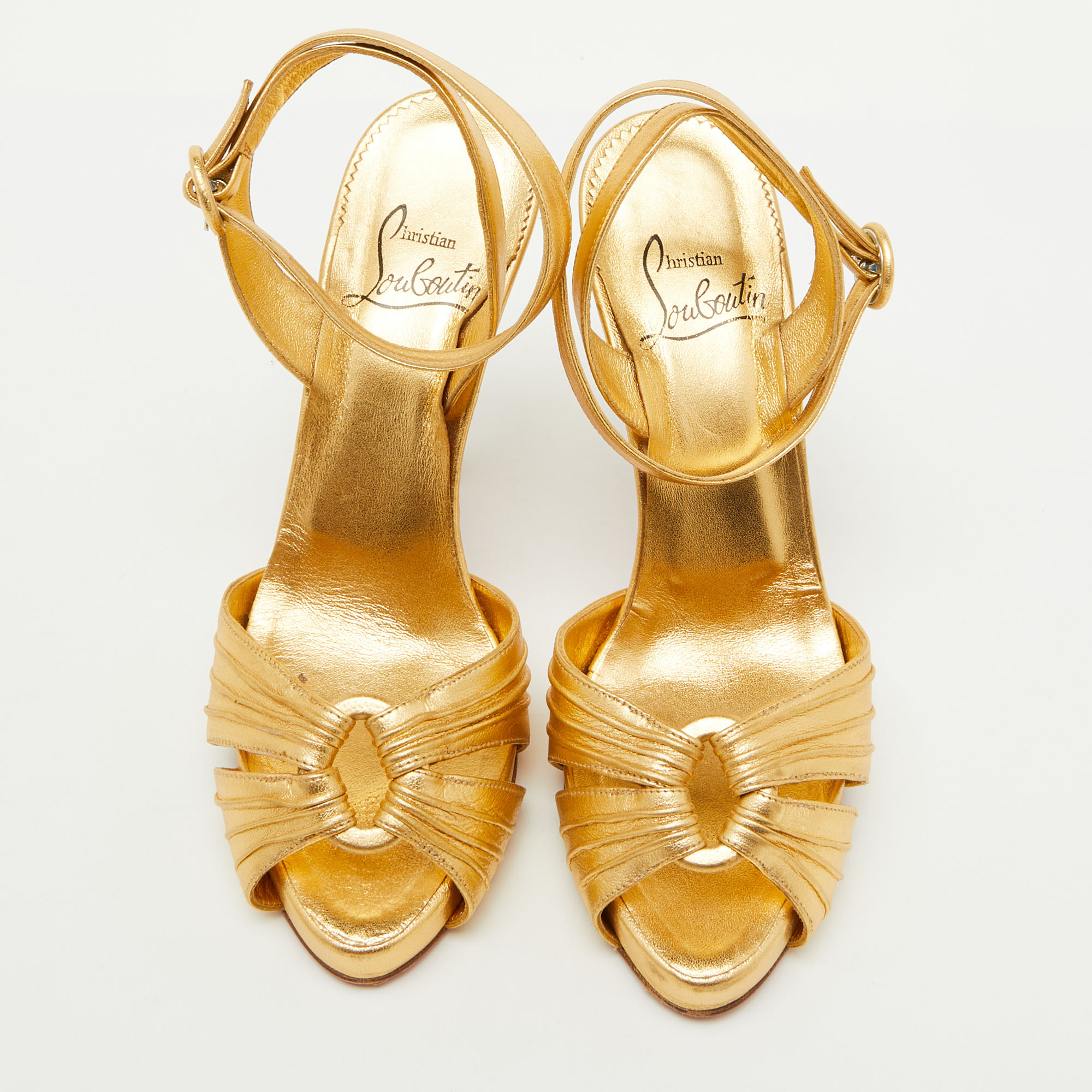 Christian Louboutin Gold Leather Platform Ankle Strap Sandals Size 37 