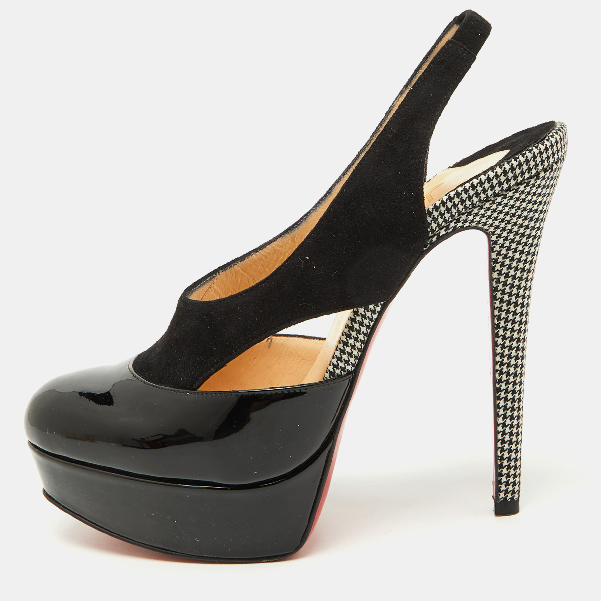 

Christian Louboutin Black Patent Leather and Suede Platform Slingback Sandals Size