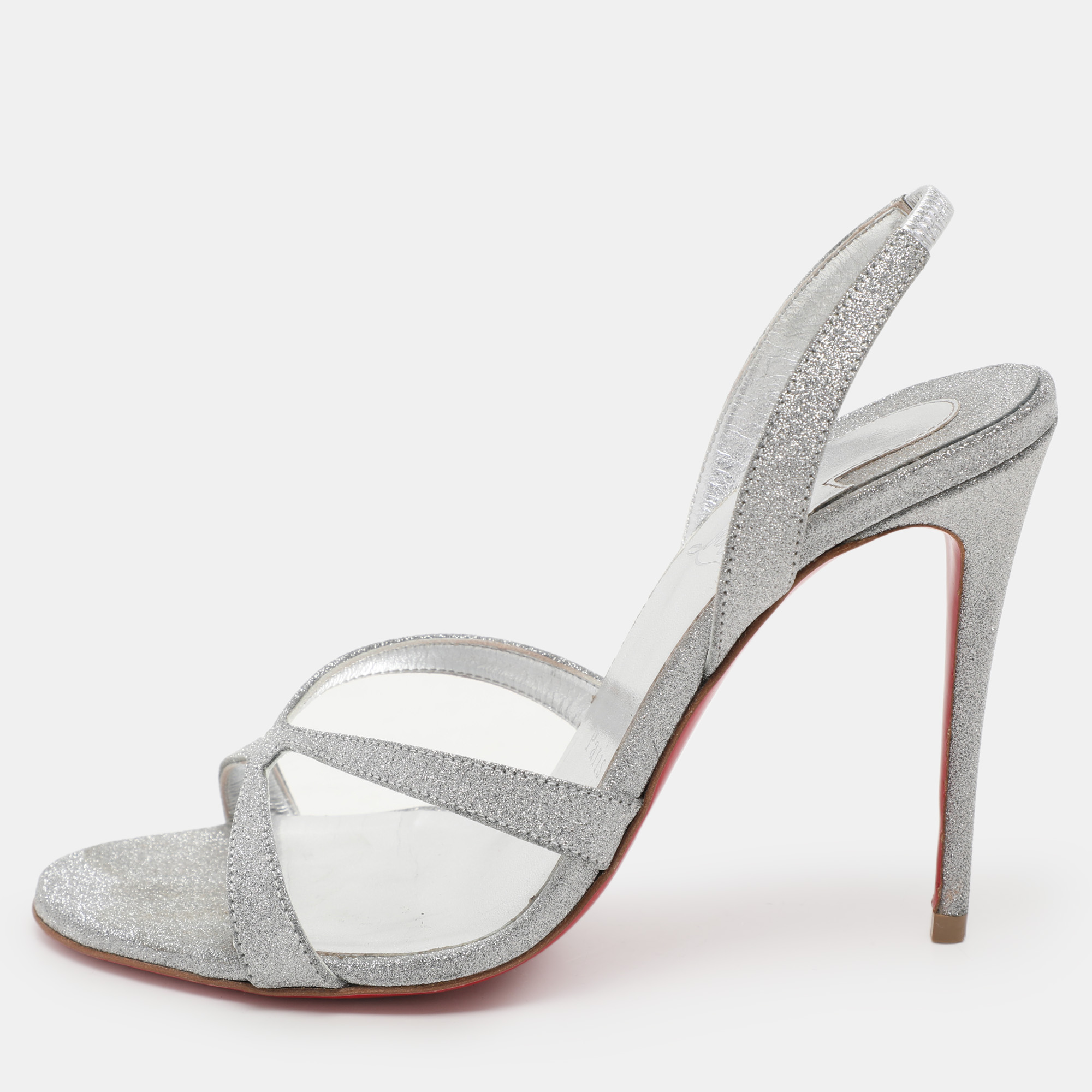 

Christian Louboutin Silver Glitter Emilie Slingback Sandals Size