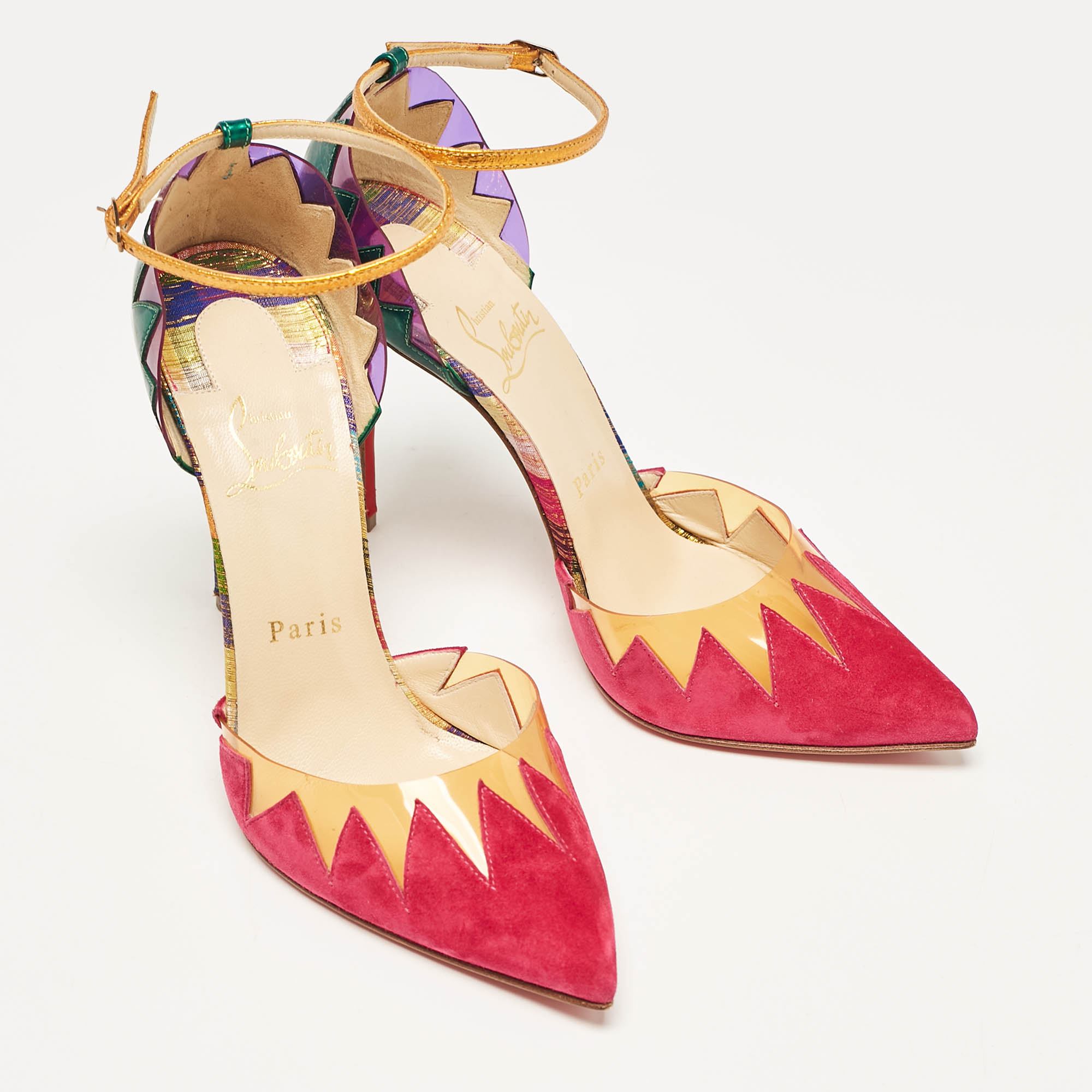 Christian Louboutin Multicolor Suede and PVC Chapito Ho Pumps Size 37.5 