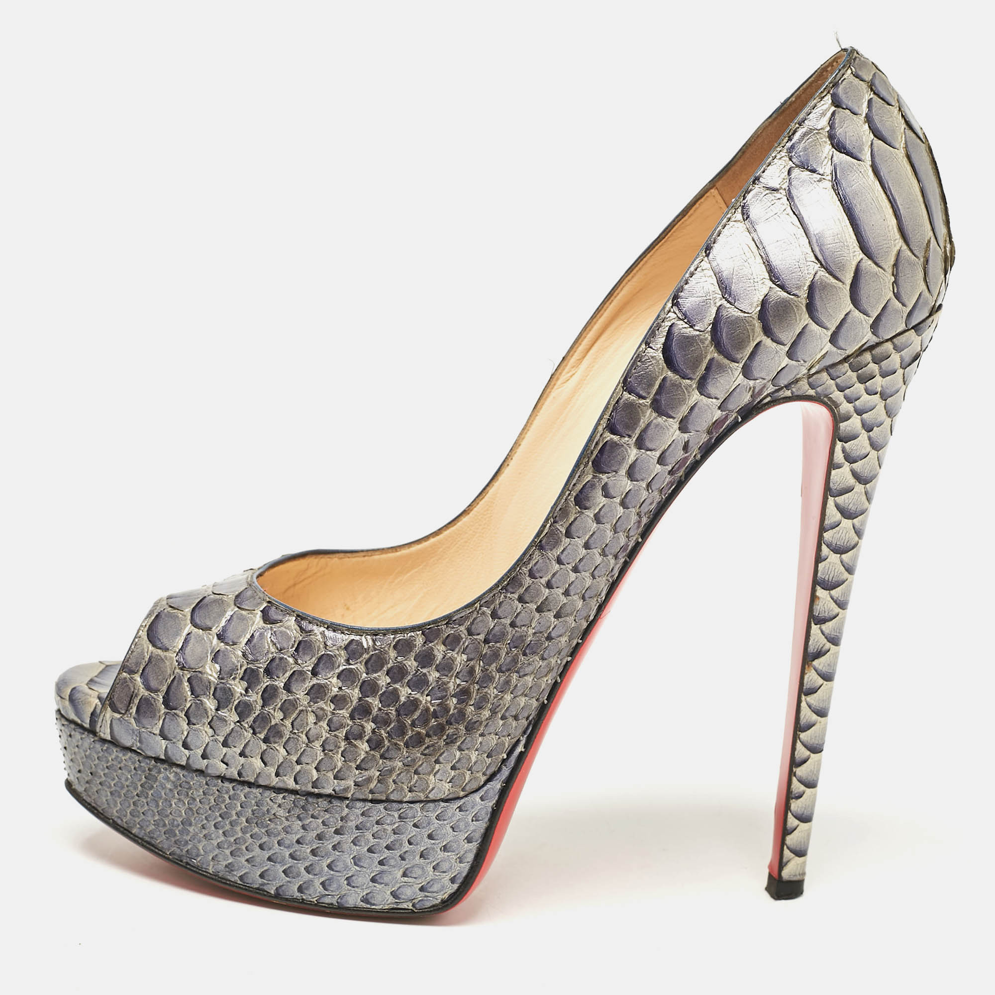 

Christian Louboutin Metallic Blue Python Lady Peep Pumps Size