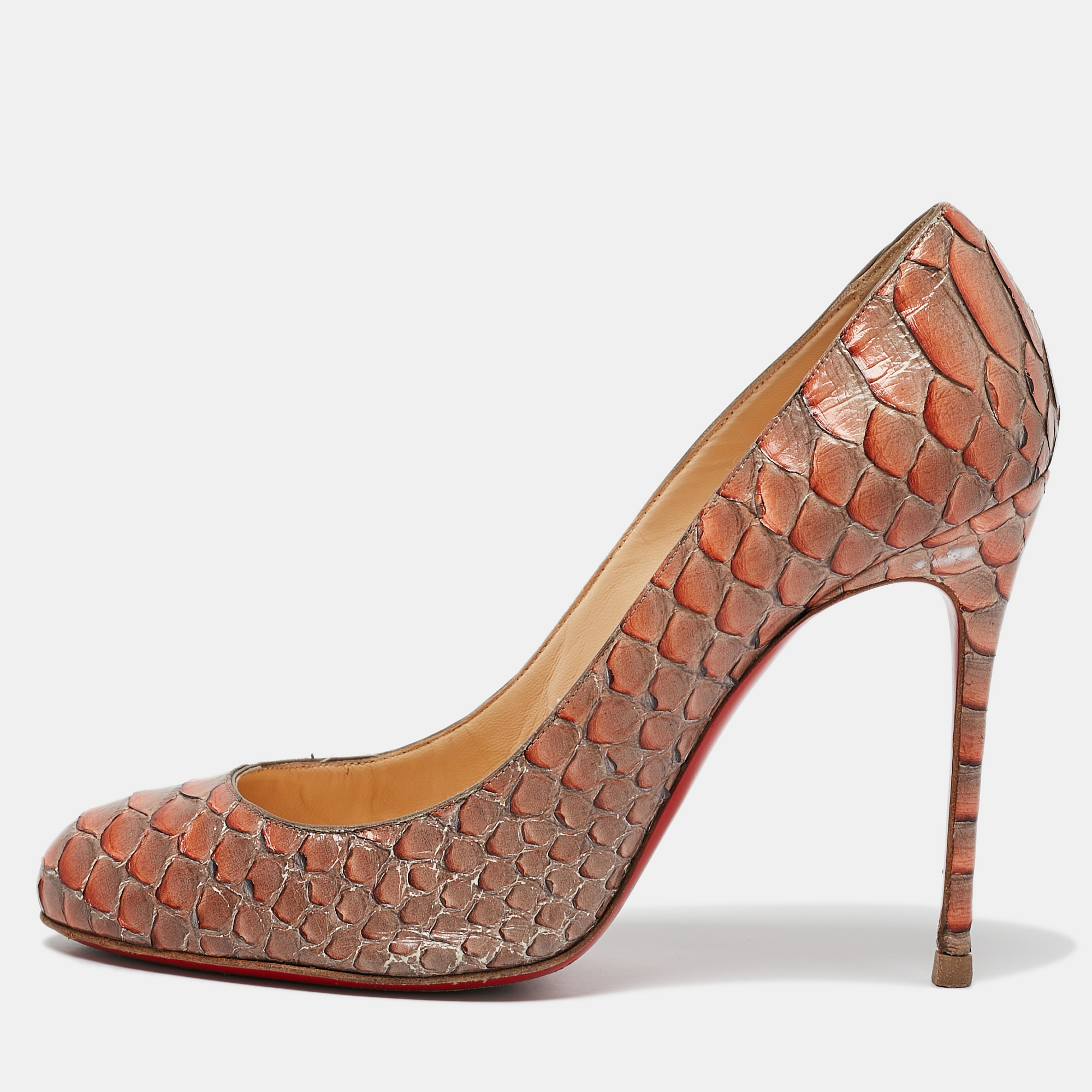 Pre-owned Christian Louboutin Two-tone Python Leather Fifi Pumps Size 38.5 In Orange