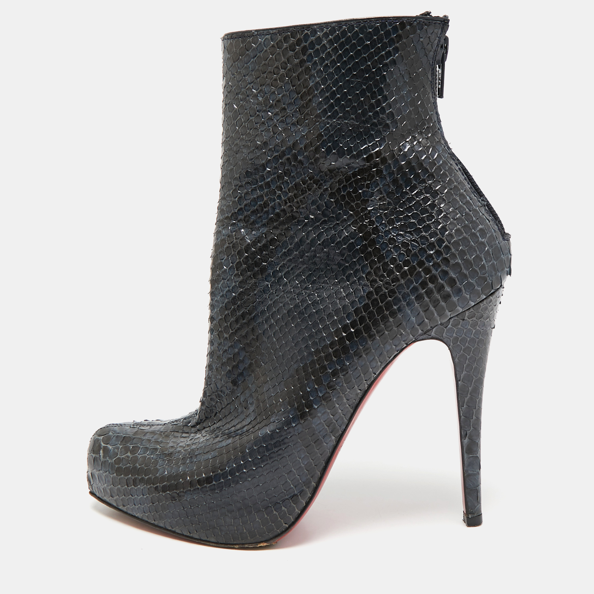 

Christian Louboutin Navy Blue Python Platform Ankle Length Boots Size