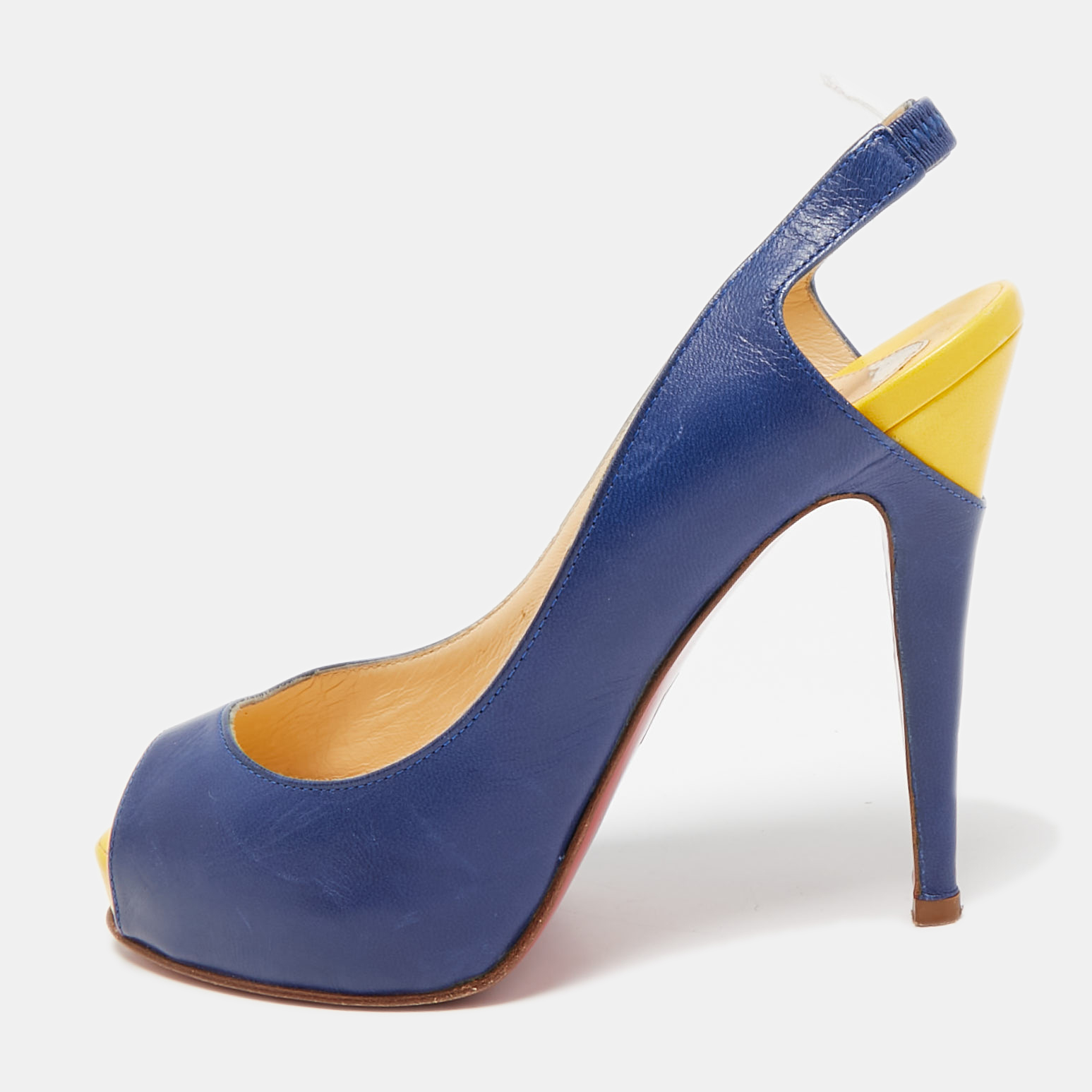 

Christian Louboutin Navy Blue/Yellow Leather No Prive Peep-Toe Slingback Sandals Size