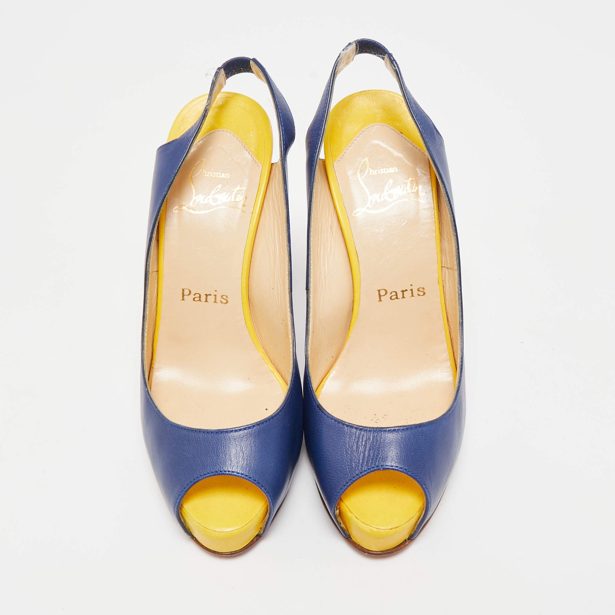 Christian Louboutin Navy Blue/Yellow Leather No Prive Peep-Toe Slingback Sandals Size 36 