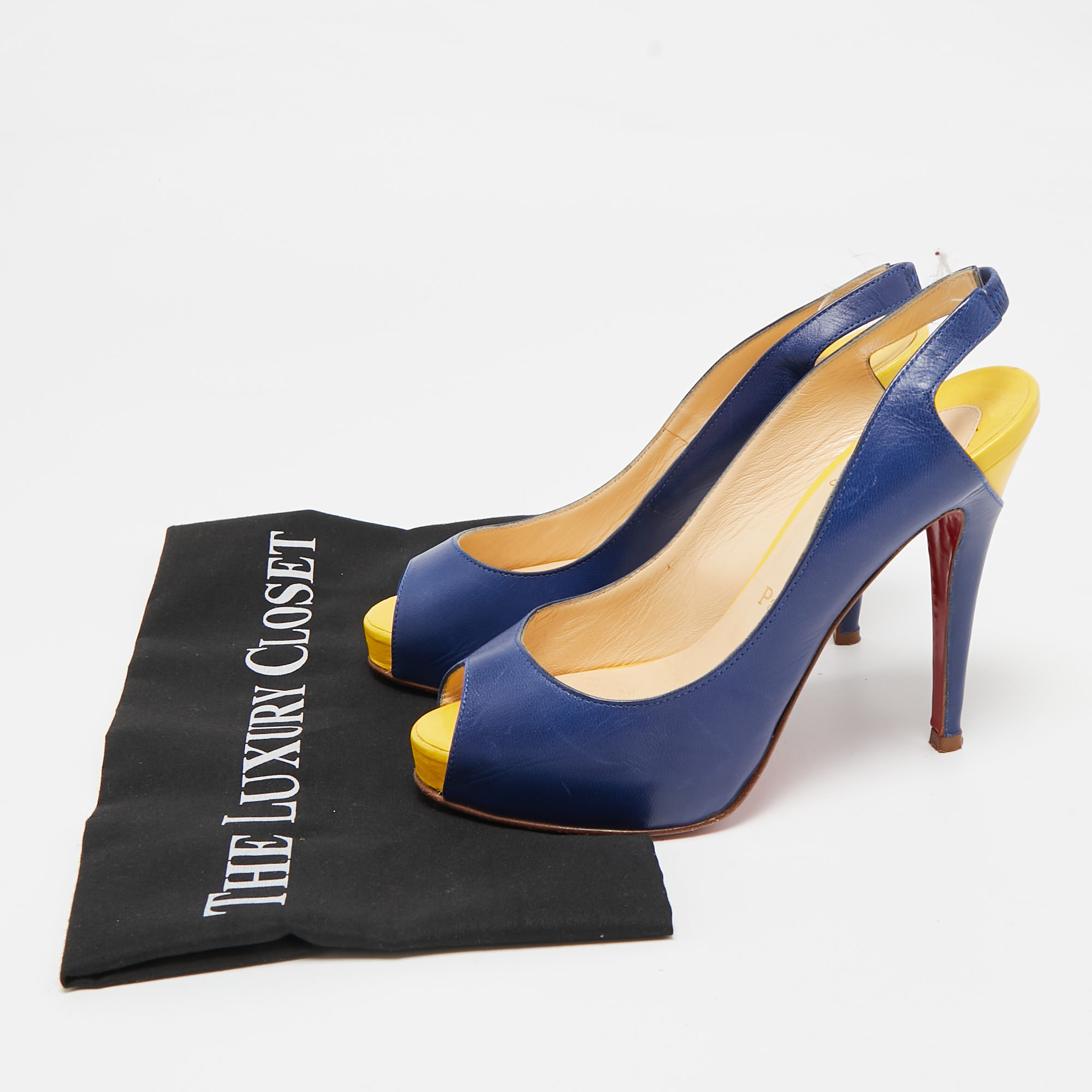 Christian Louboutin Navy Blue/Yellow Leather No Prive Peep-Toe Slingback Sandals Size 36 
