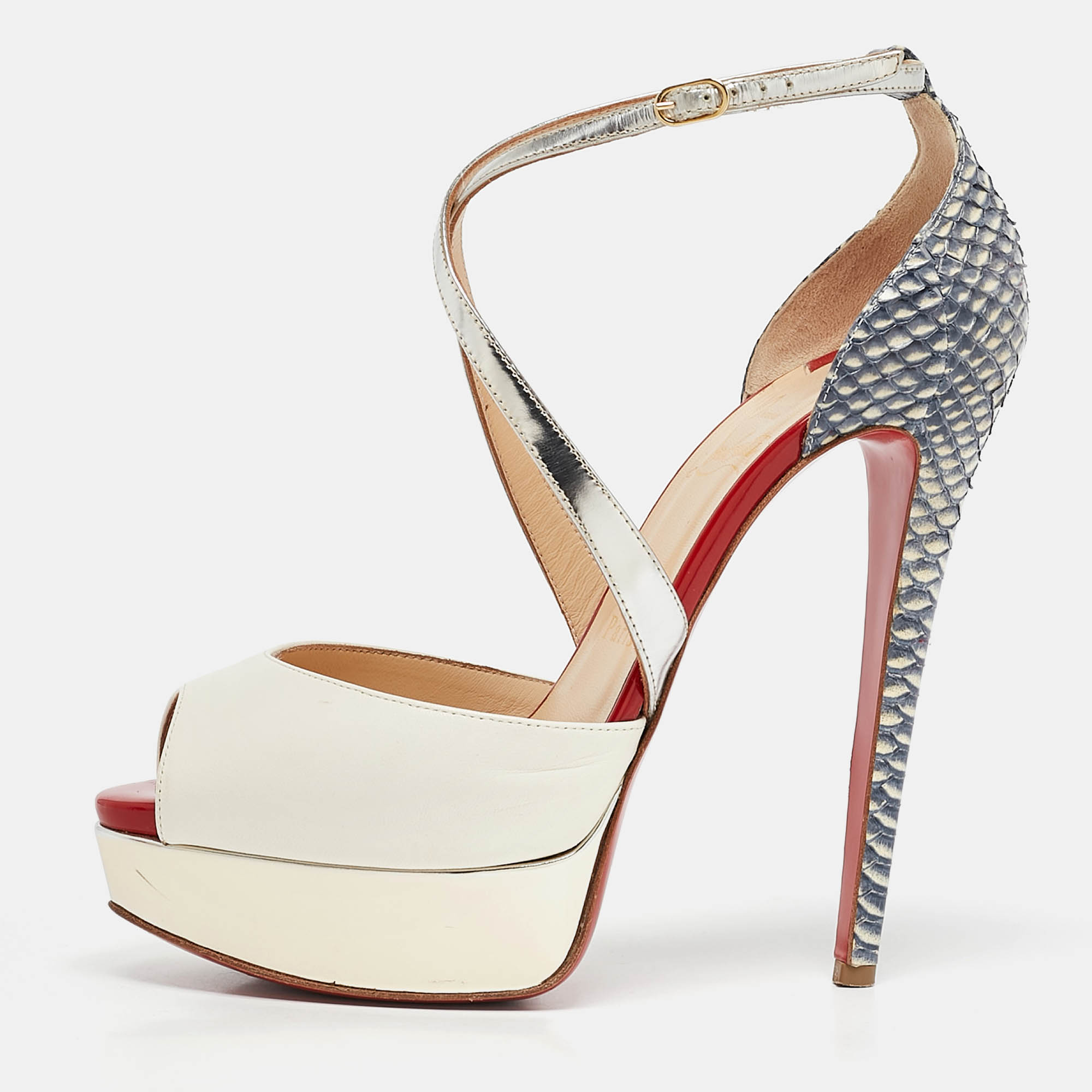 

Christian Louboutin Multicolor Watersnake and Leather Cross Me Sandals Size