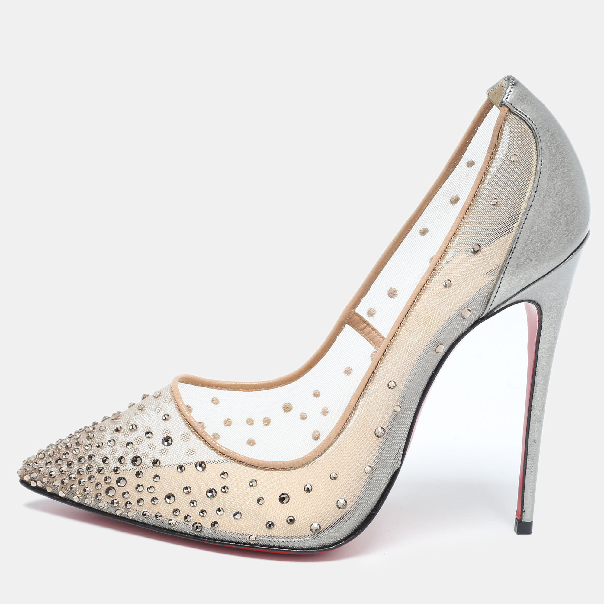 

Christian Louboutin Grey/Beige Leather and Mesh Follies Resille Pumps Size