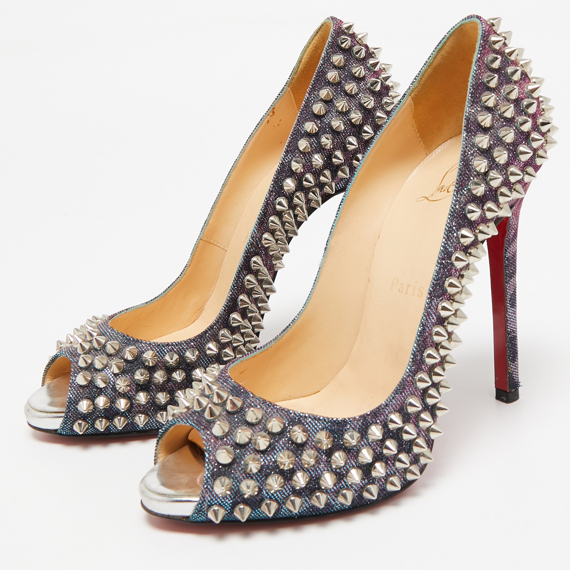 Christian Louboutin Multicolor Glitter Fabric Yolanda Peep Toe Pumps Size 36.5 