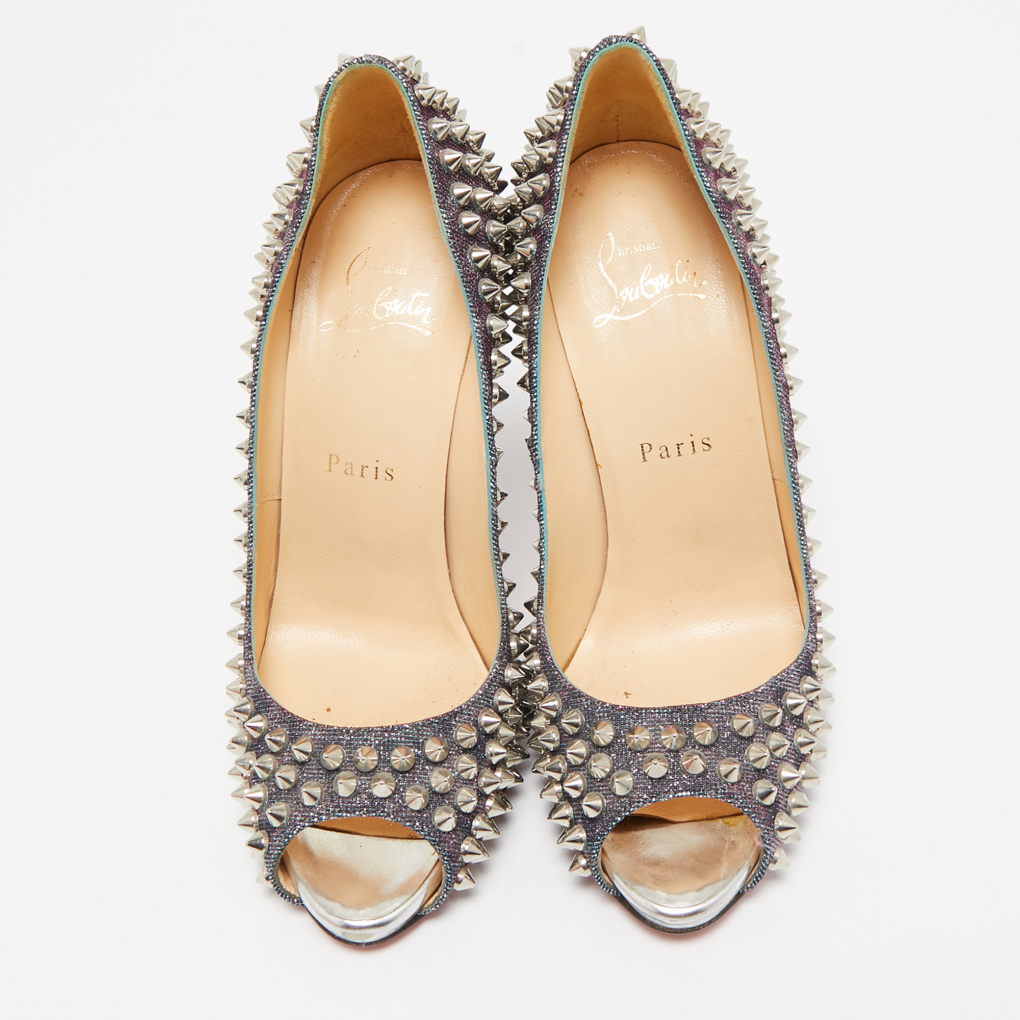 Christian Louboutin Multicolor Glitter Fabric Yolanda Peep Toe Pumps Size 36.5 