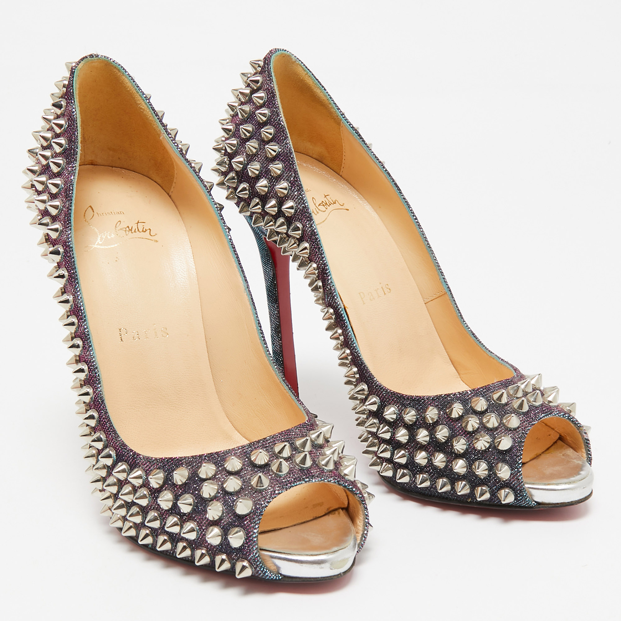 Christian Louboutin Multicolor Glitter Fabric Yolanda Peep Toe Pumps Size 36.5 