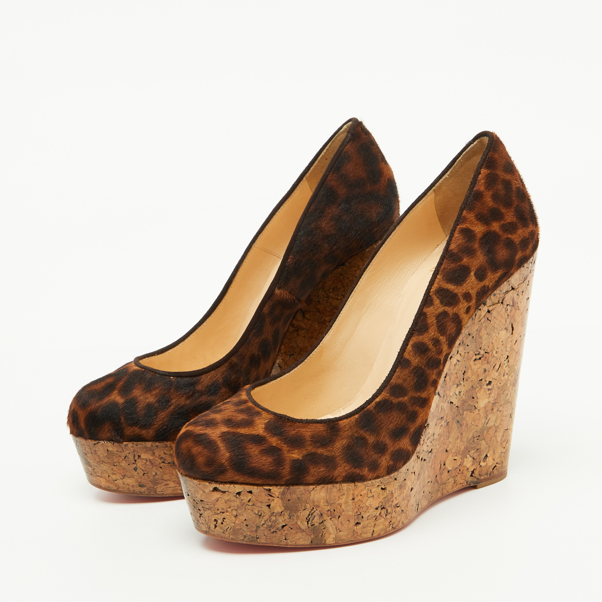 Christian Louboutin Brown Leopard Print Calf Hair Cork Wedge Platform Pumps Size 36 