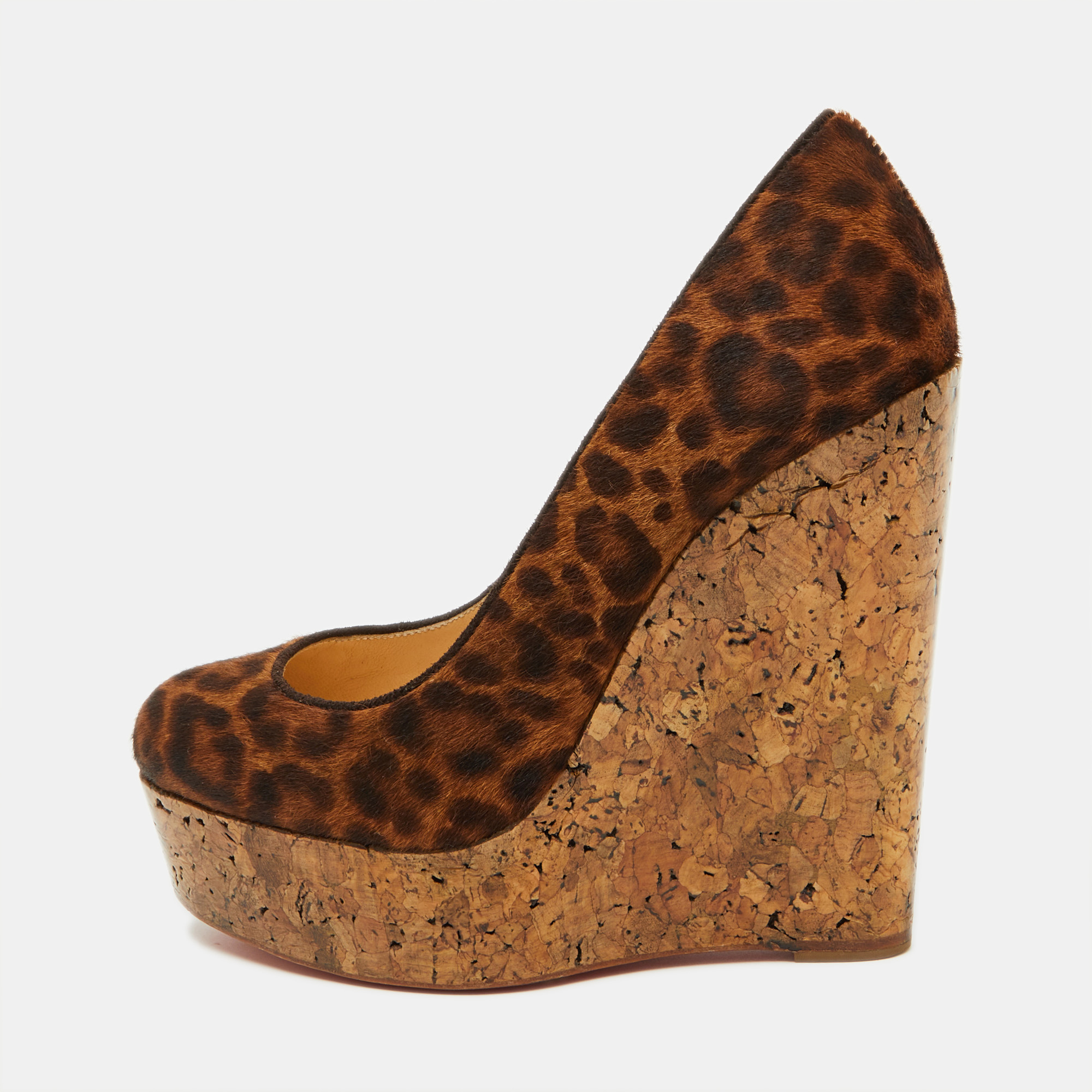 

Christian Louboutin Brown Leopard Print Calf Hair Cork Wedge Platform Pumps Size