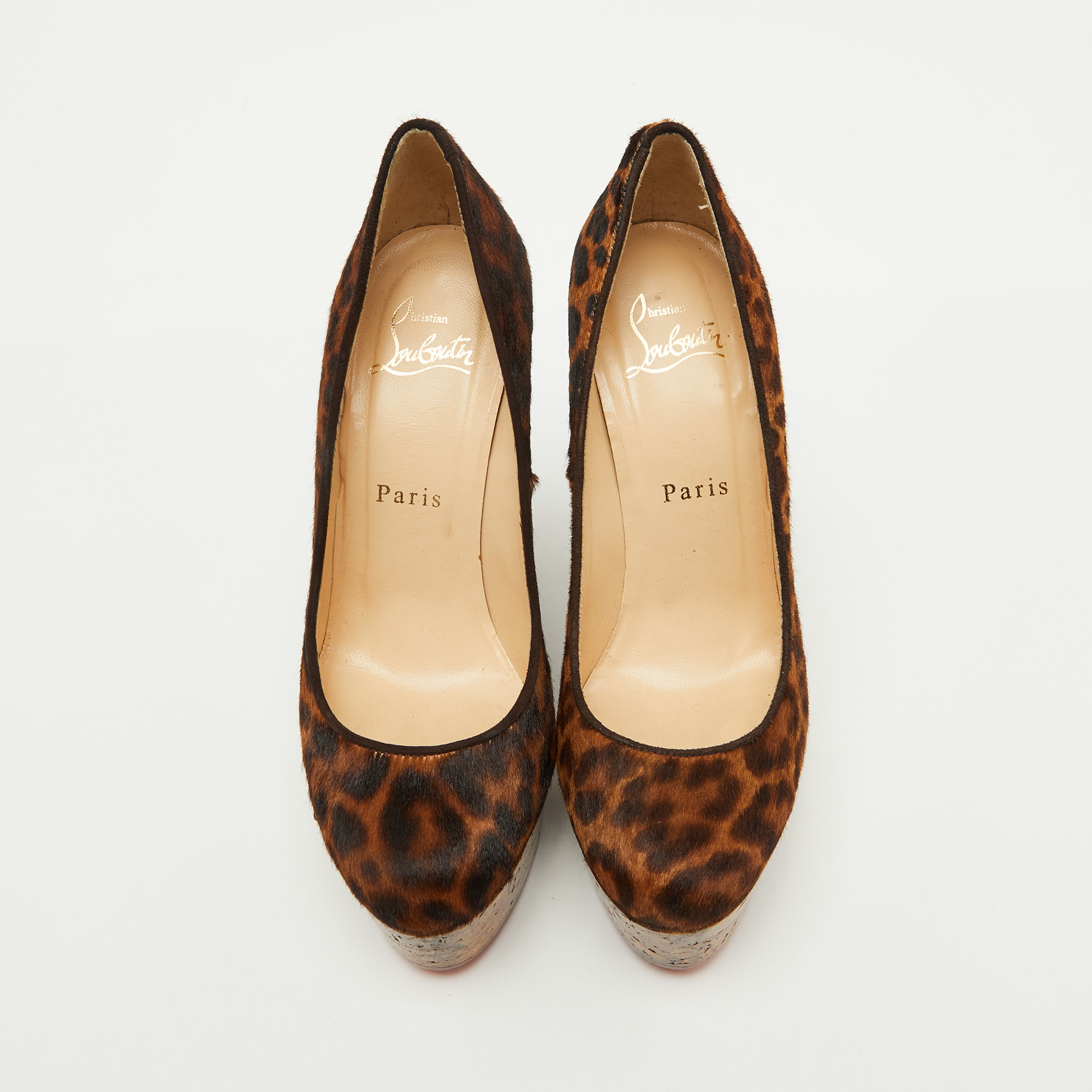 Christian Louboutin Brown Leopard Print Calf Hair Cork Wedge Platform Pumps Size 36 
