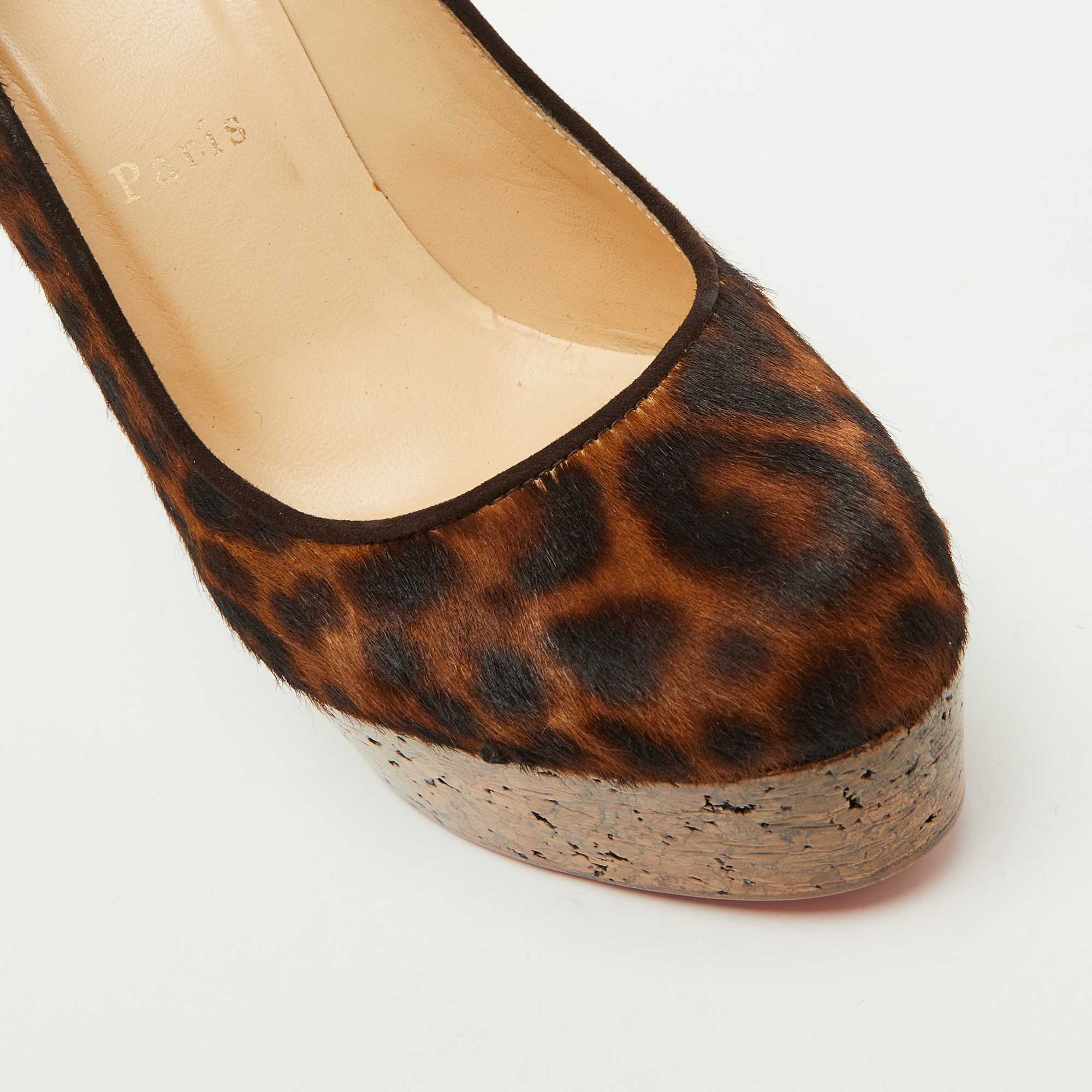 Christian Louboutin Brown Leopard Print Calf Hair Cork Wedge Platform Pumps Size 36 
