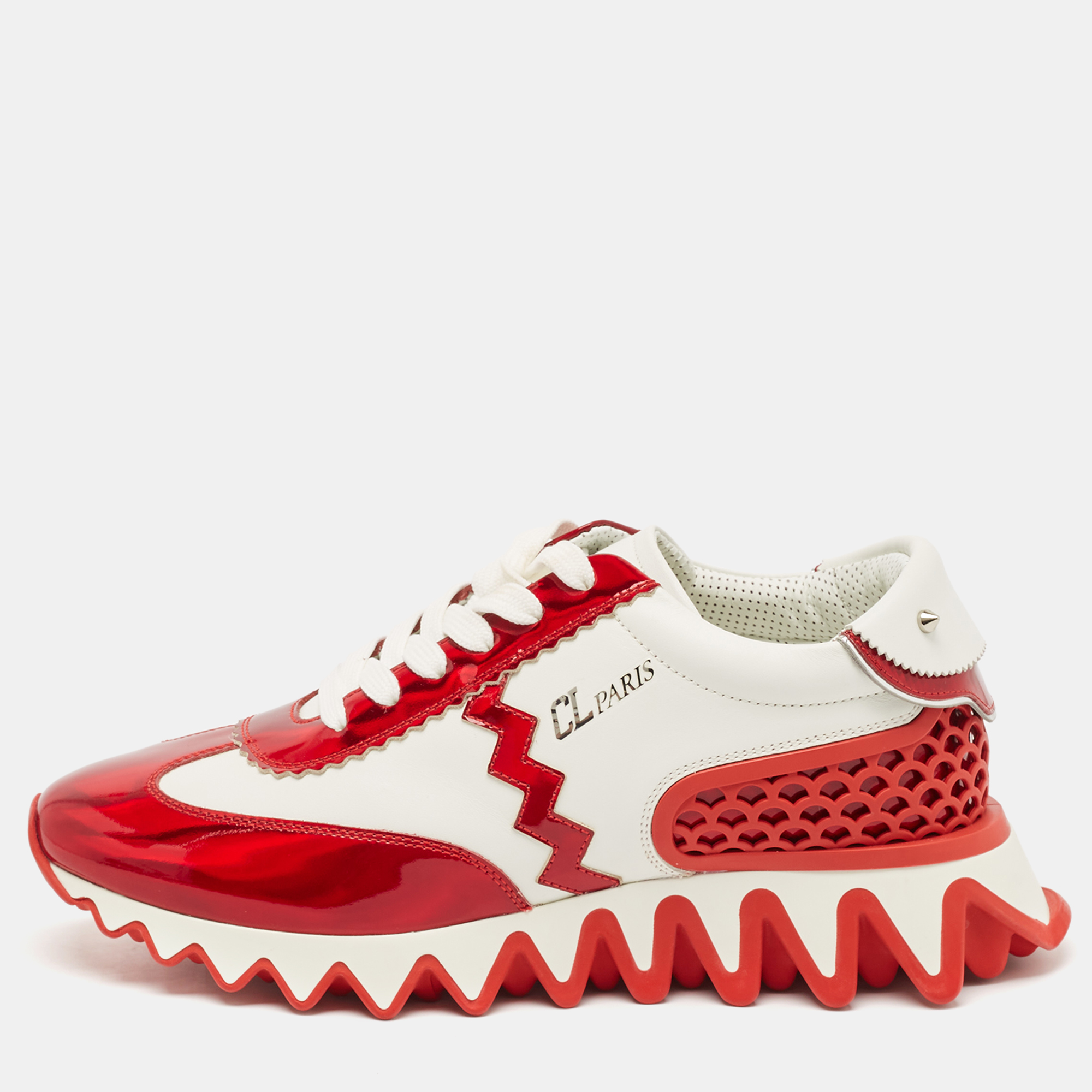 

Christian Louboutin White/Red Leather and Rubber Loubishark Lace Up Sneakers Size