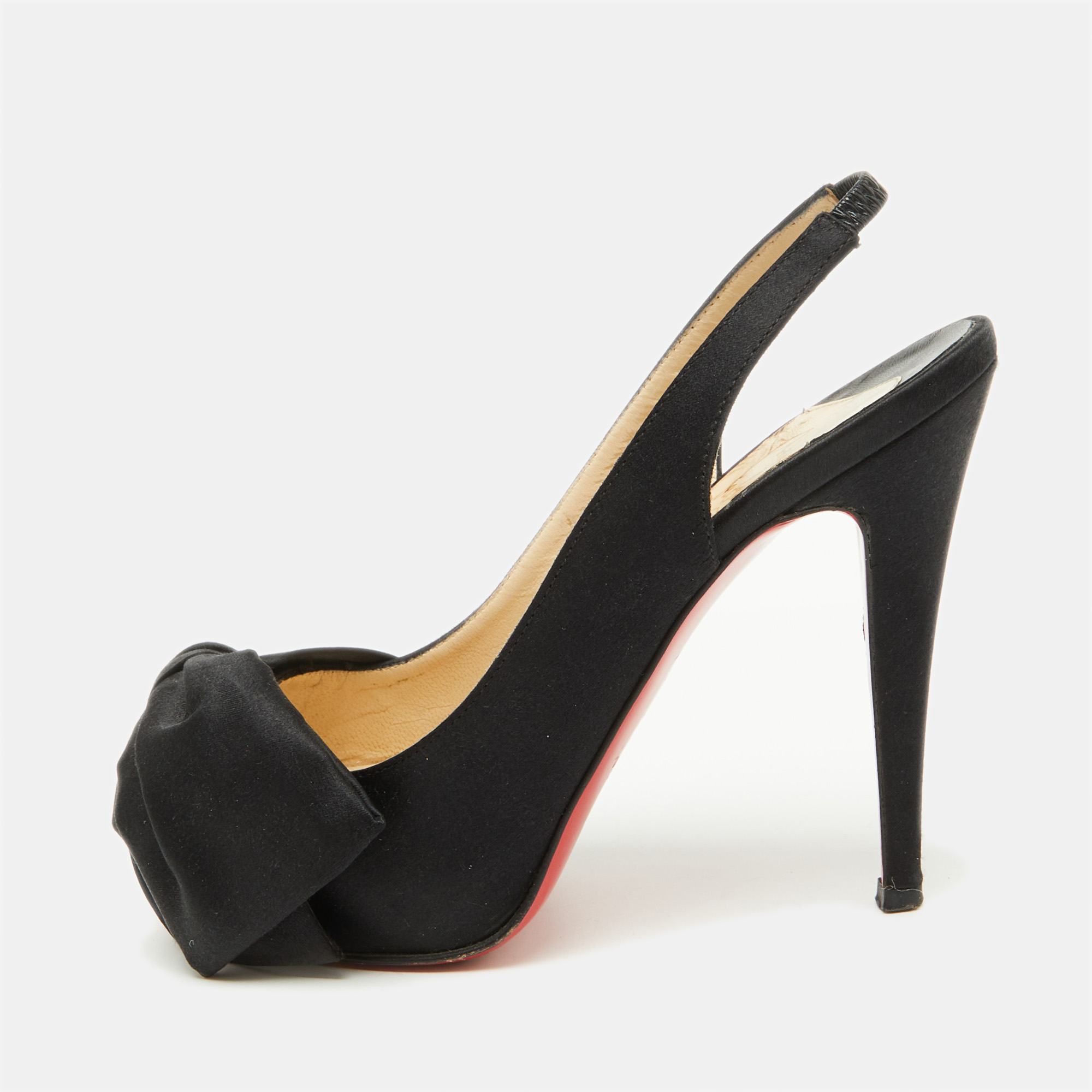 

Christian Louboutin Black Satin Bow Peep Toe Platform Slingback Pumps Size