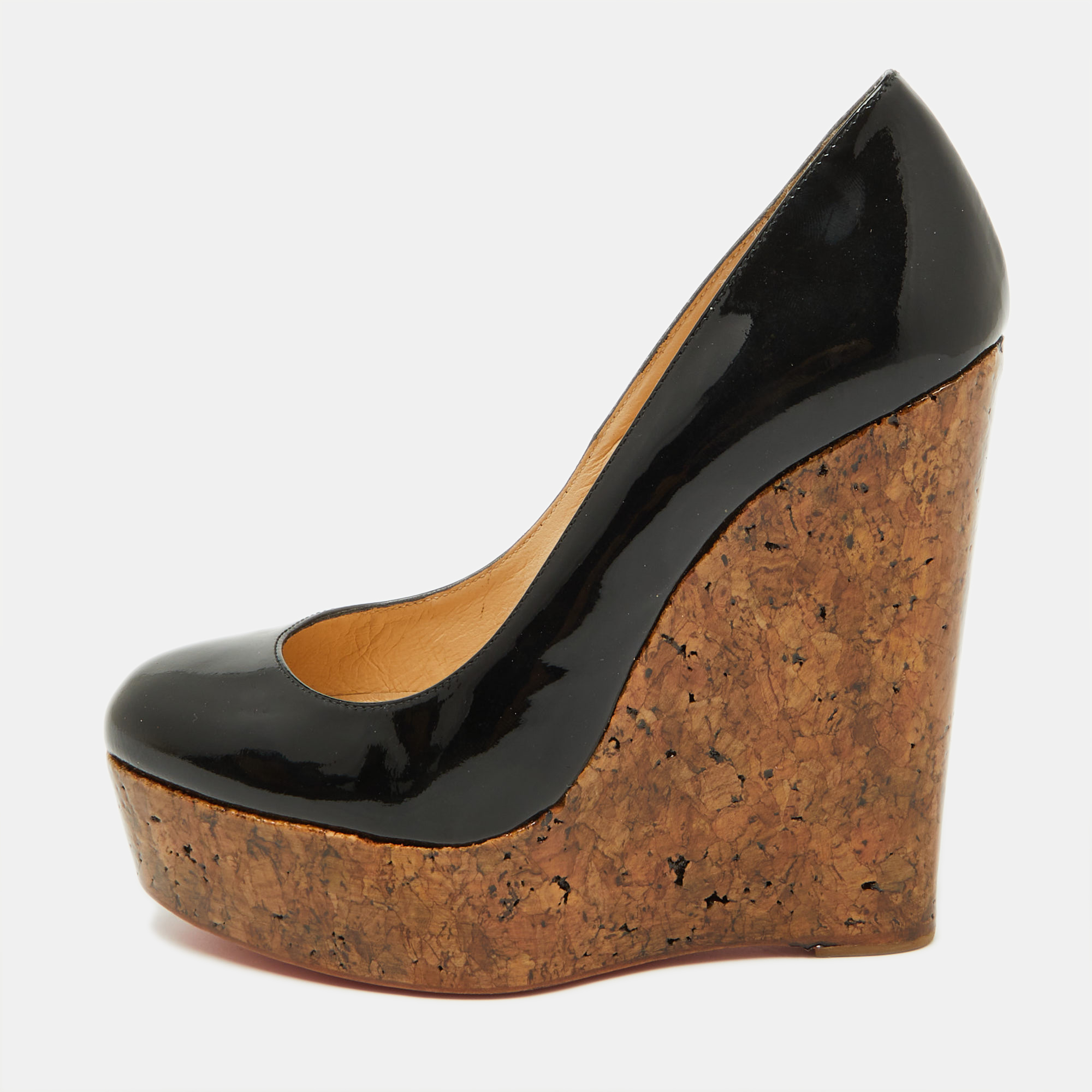 

Christian Louboutin Black Patent Leather Cork Platform Wedge Pumps Size