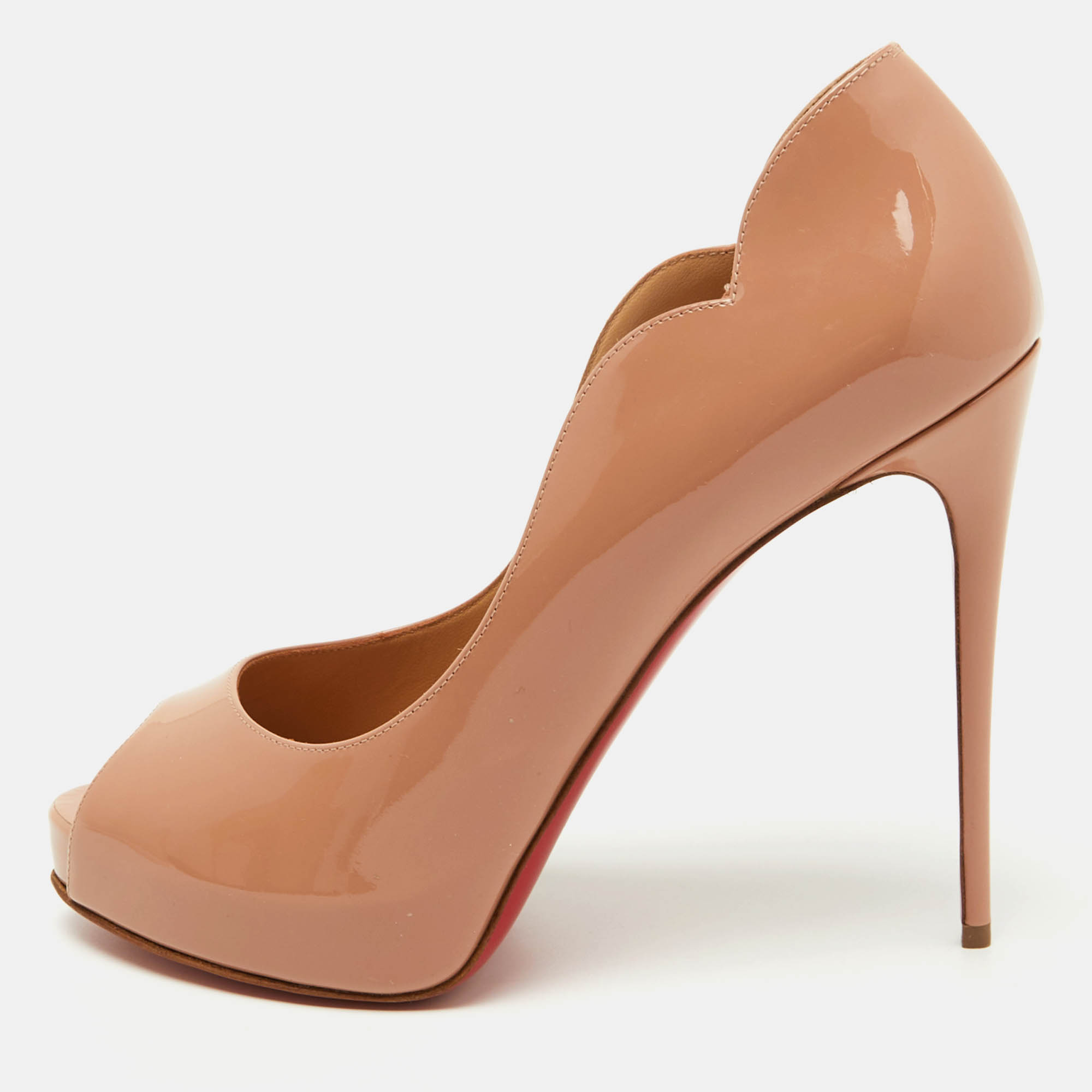 

Christian Louboutin Nude Patent Leather Hot Chick Alta Peep Toe Pumps Size, Beige